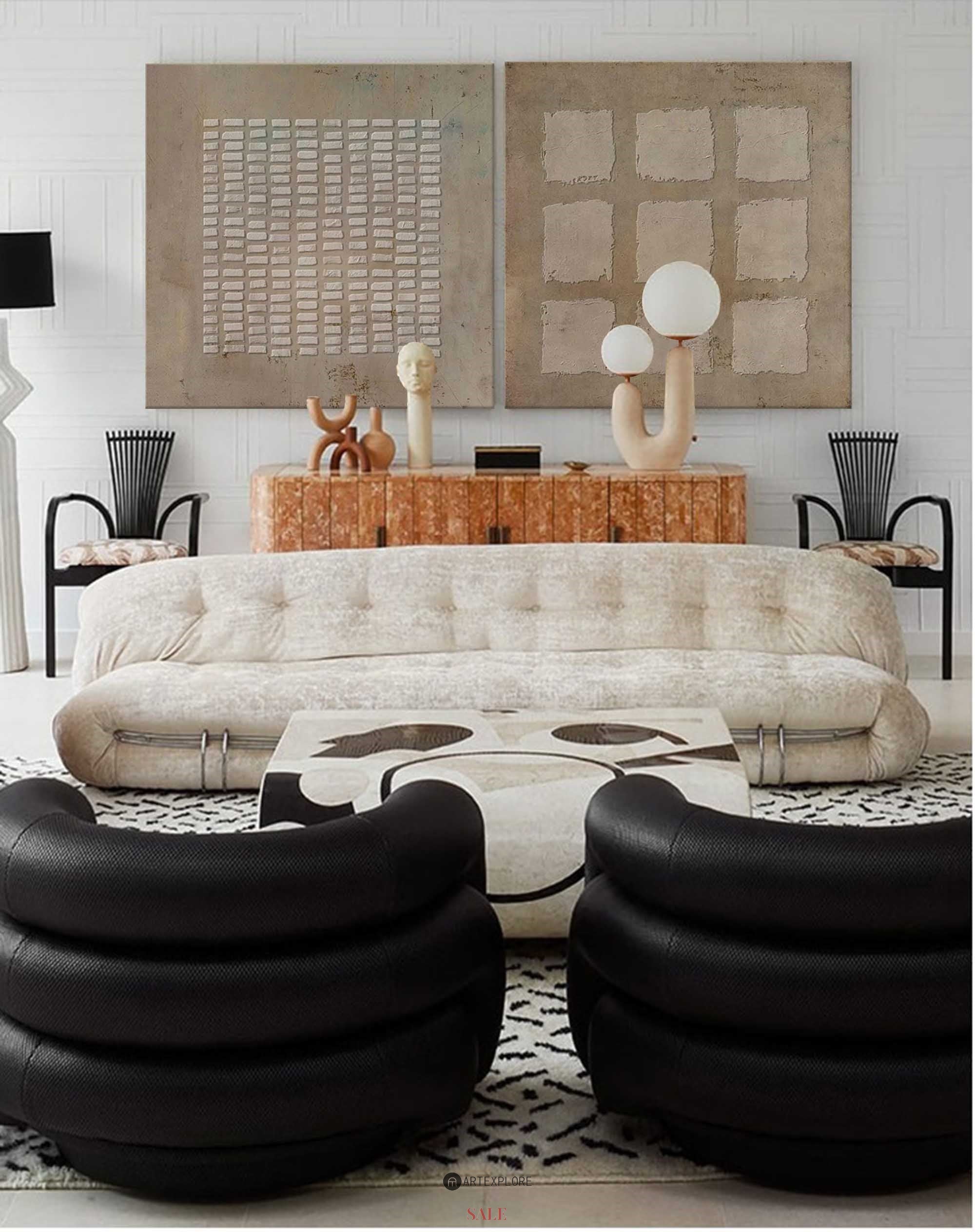 Earthy Taupe‑Beige Grid Diptych Abstract Embossed Textured Artwork