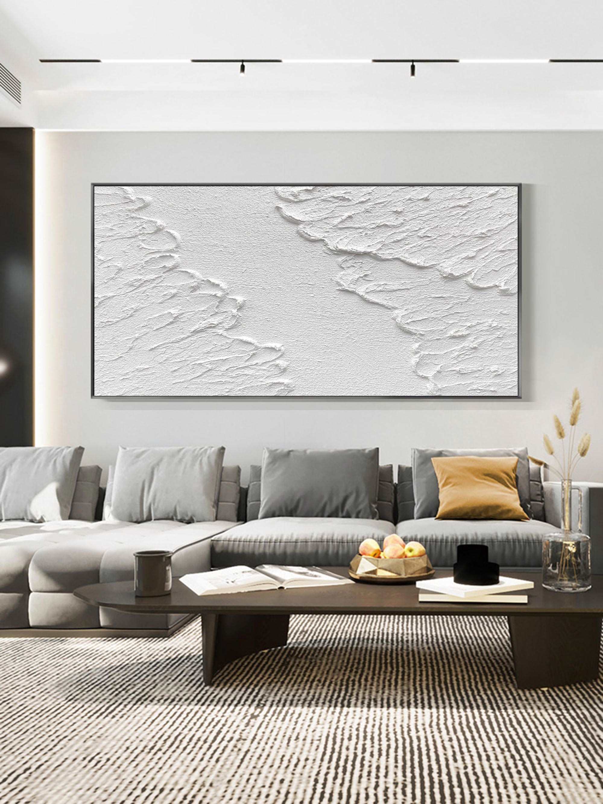 Pure‑White Horizontal Crack‑Relief Plaster‑Textured Artwork