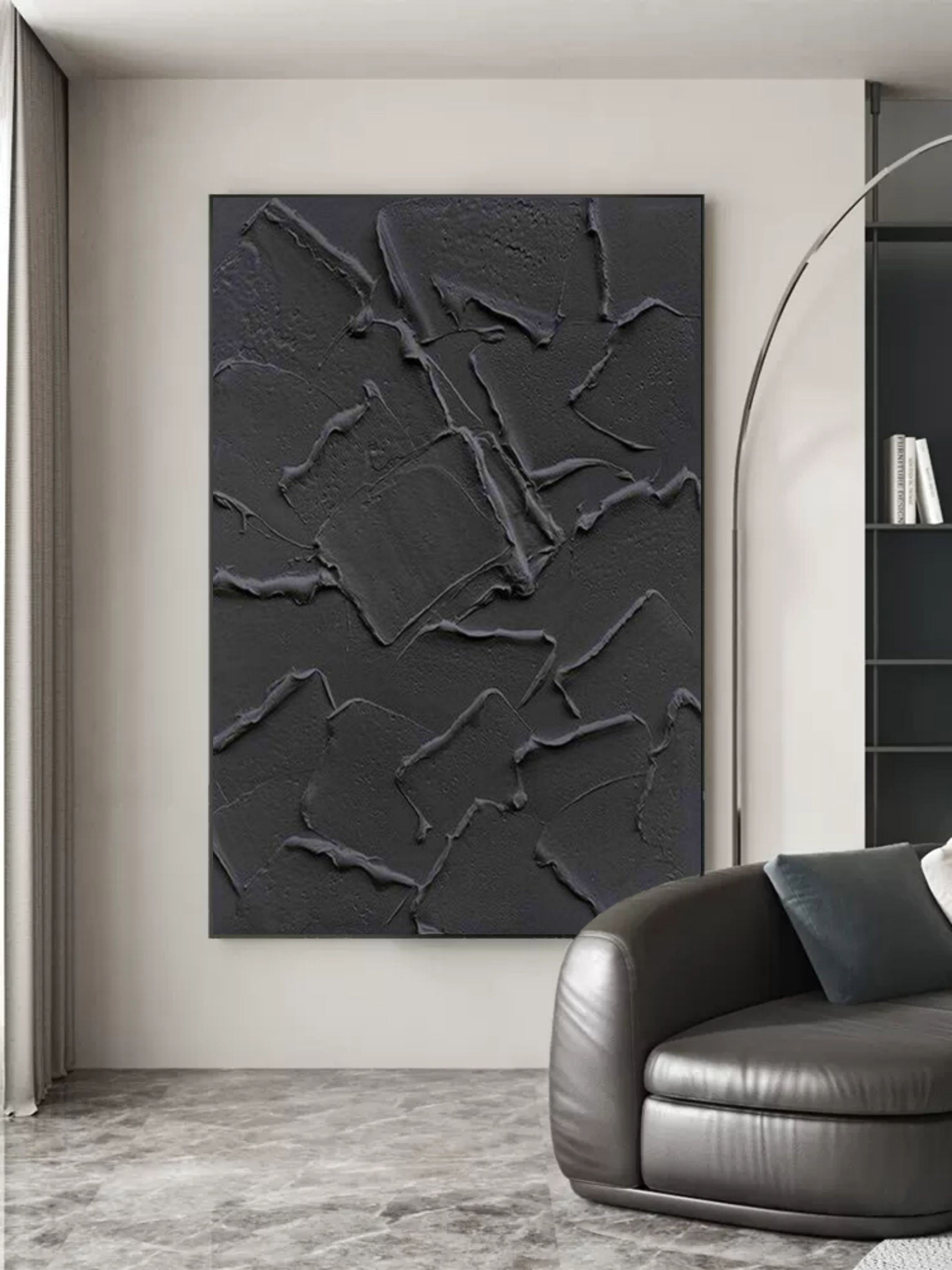 Wall Art Black Abstract Cracked Block