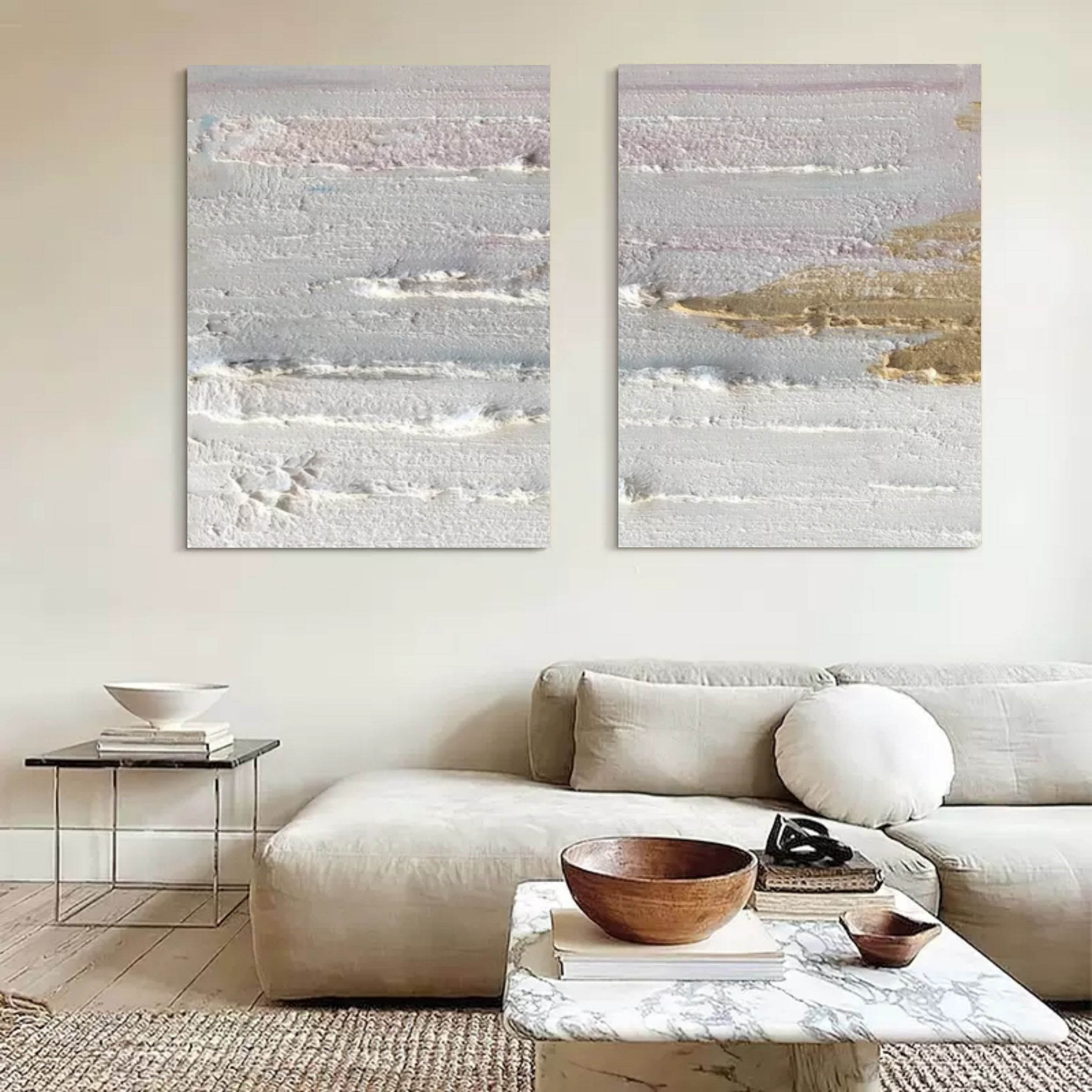 Wall Art Pastel Gray Gold Layered Wave Diptych