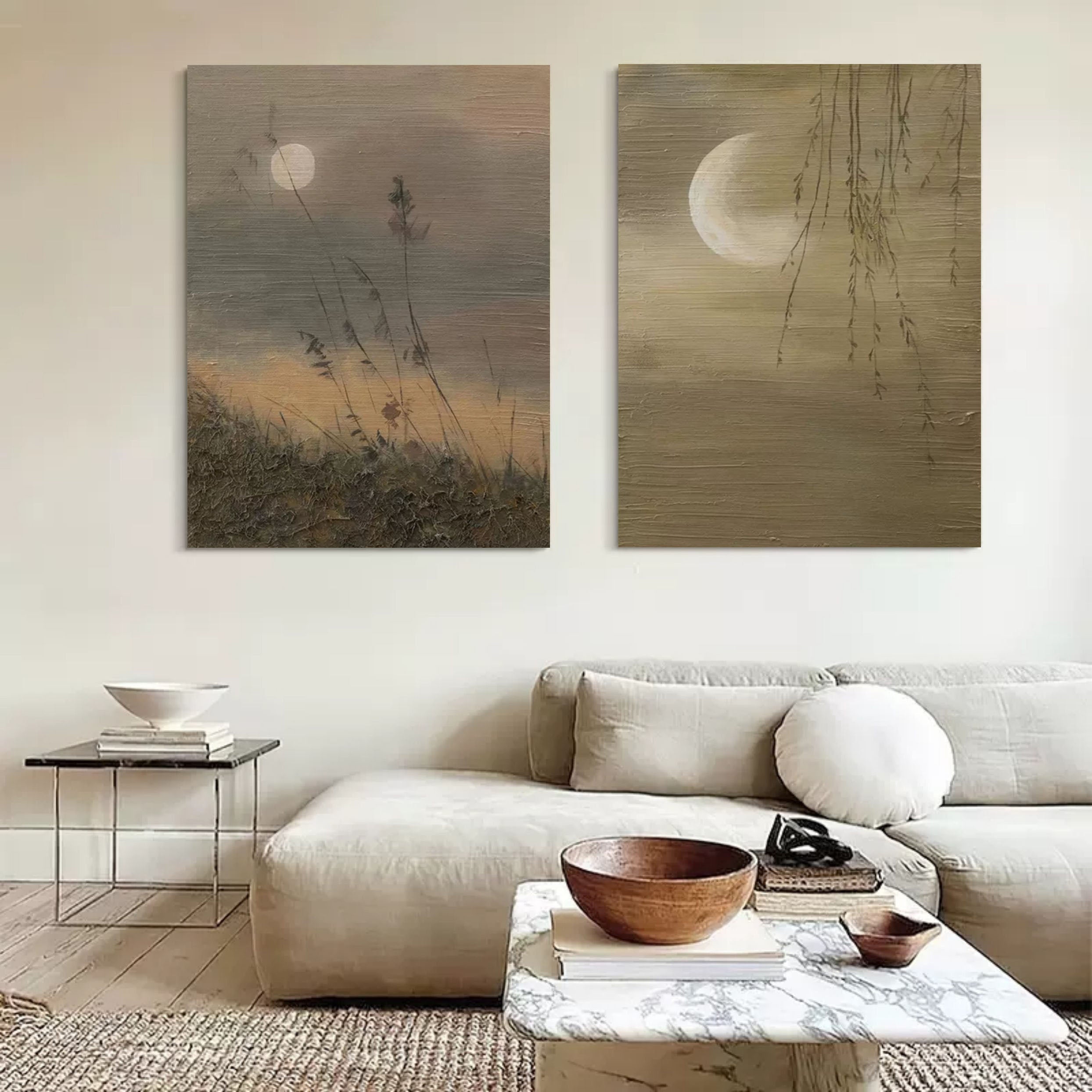 Wall Art Earthy Tone Moon Willow Grass Diptych