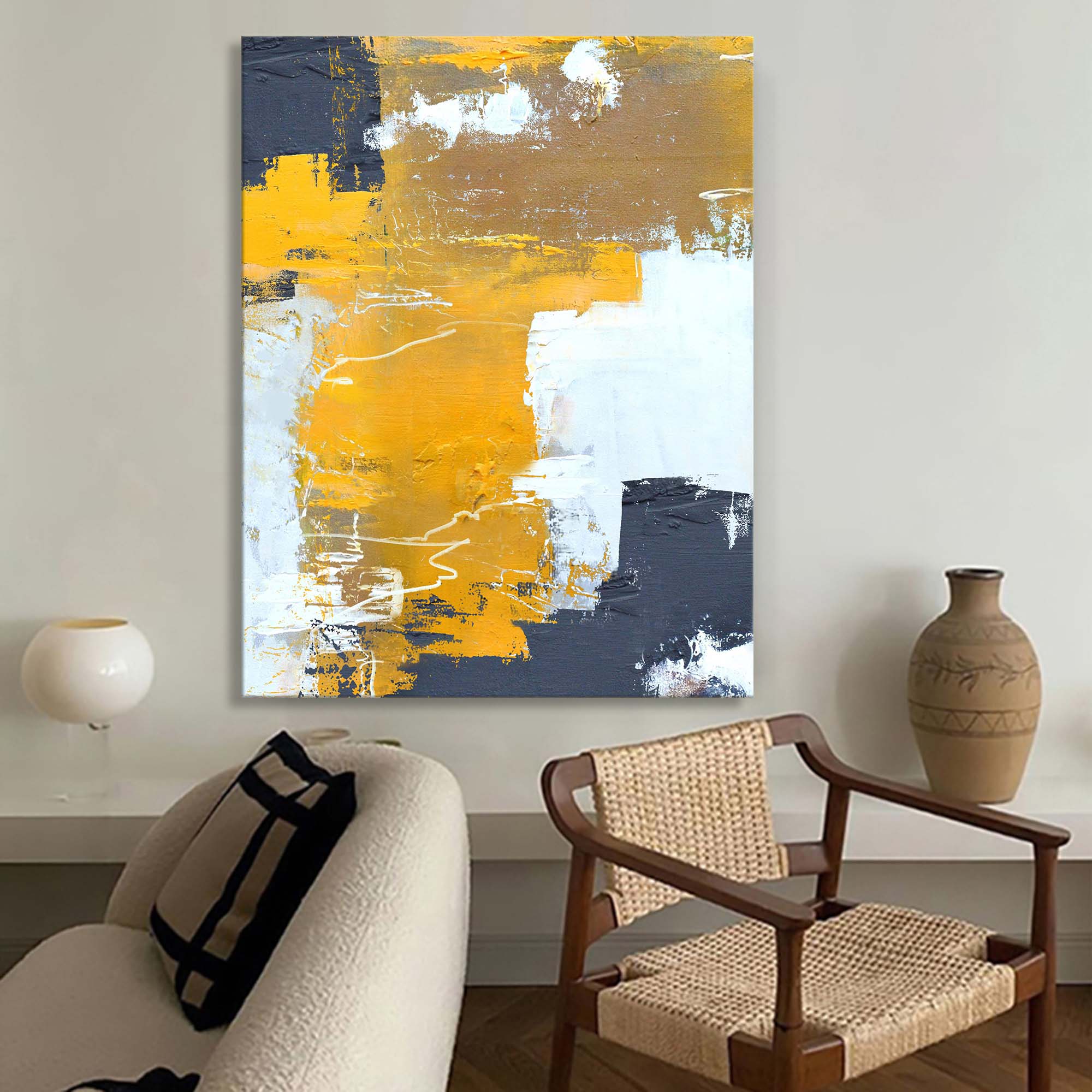 Ochre White Charcoal Textured Canvas