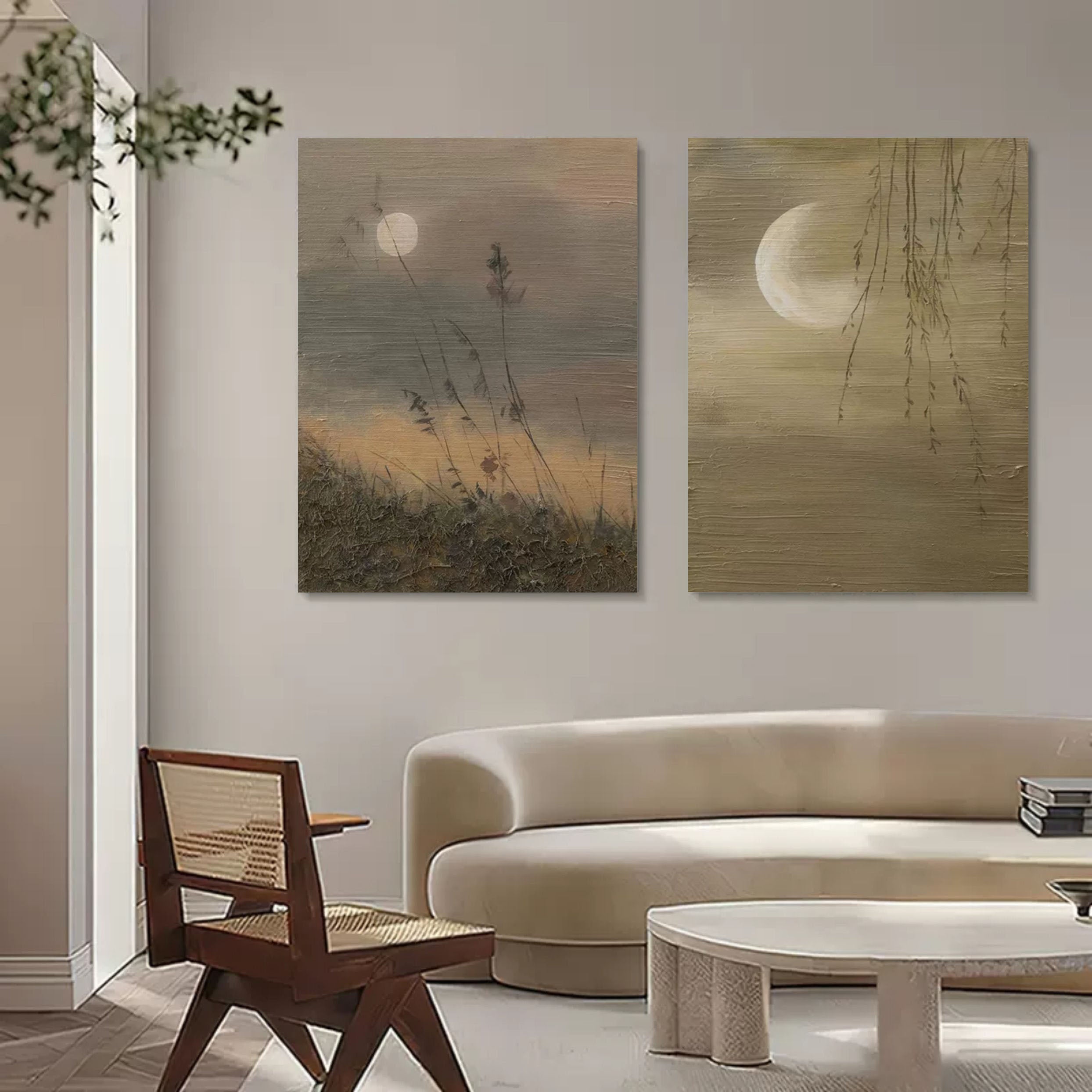 Wall Art Earthy Tone Moon Willow Grass Diptych