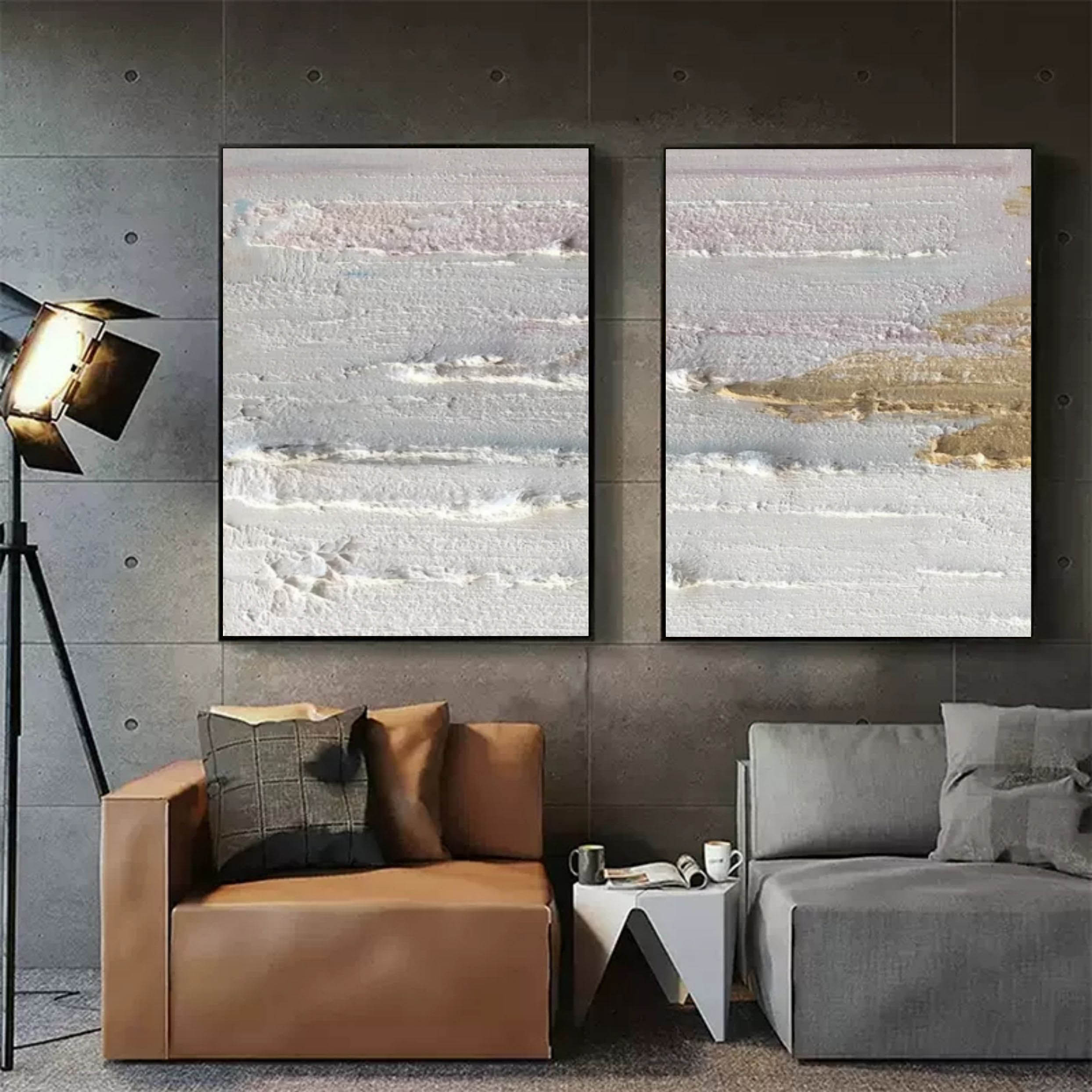 Wall Art Pastel Gray Gold Layered Wave Diptych