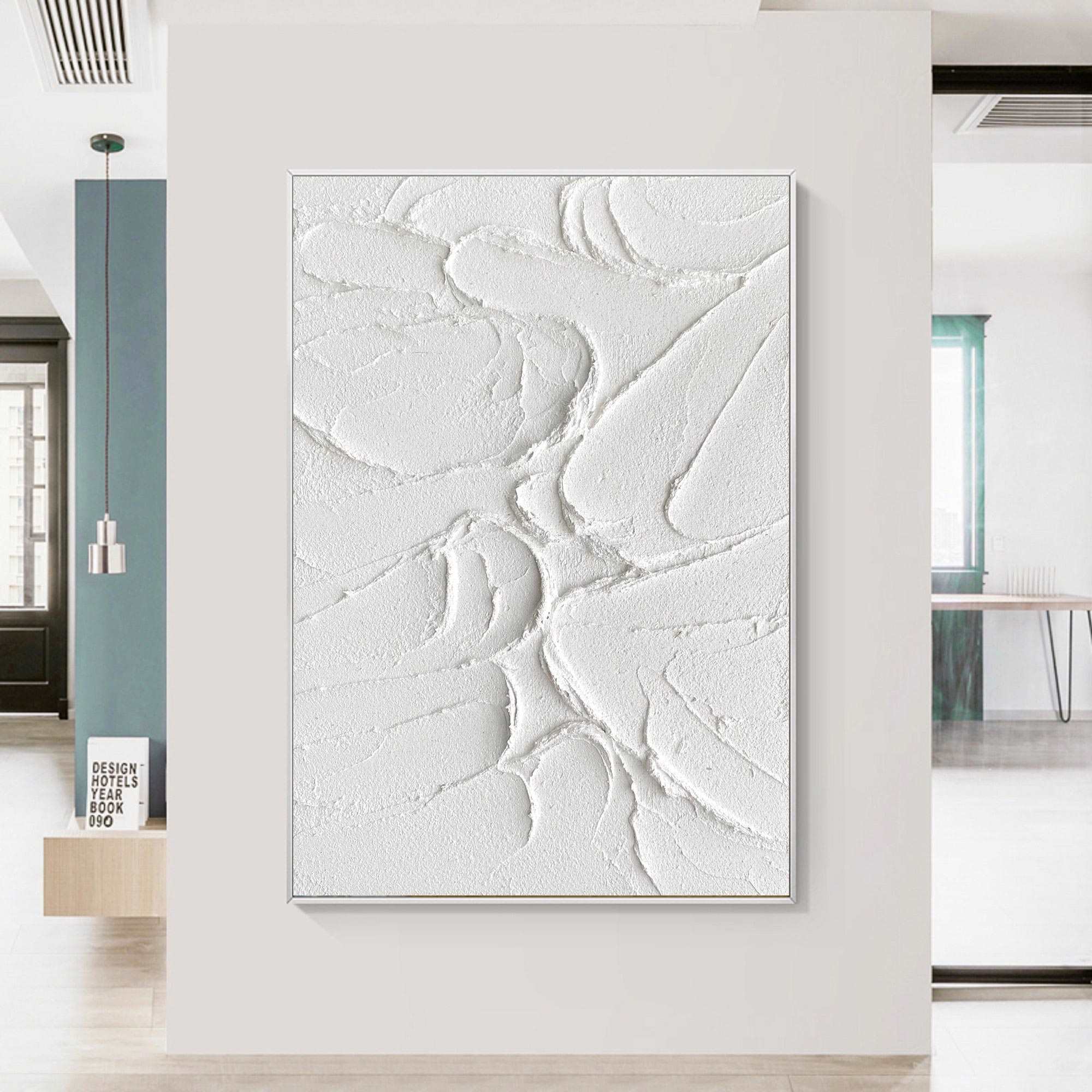 Vertical 3D Textured White Cracked Relief Oil Acrylic Linen Canvas Painting