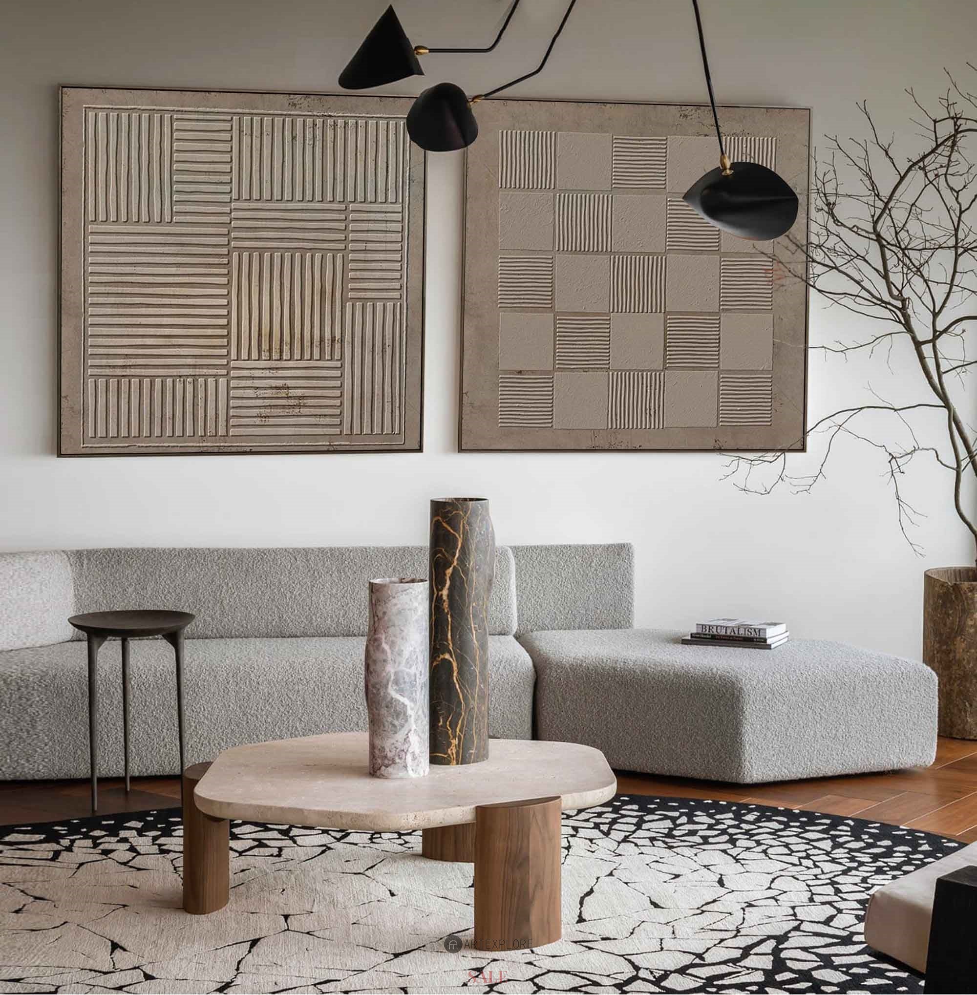 Neutral Beige‑Taupe Geometric Diptych Abstract Raised Linear Textured Artwork