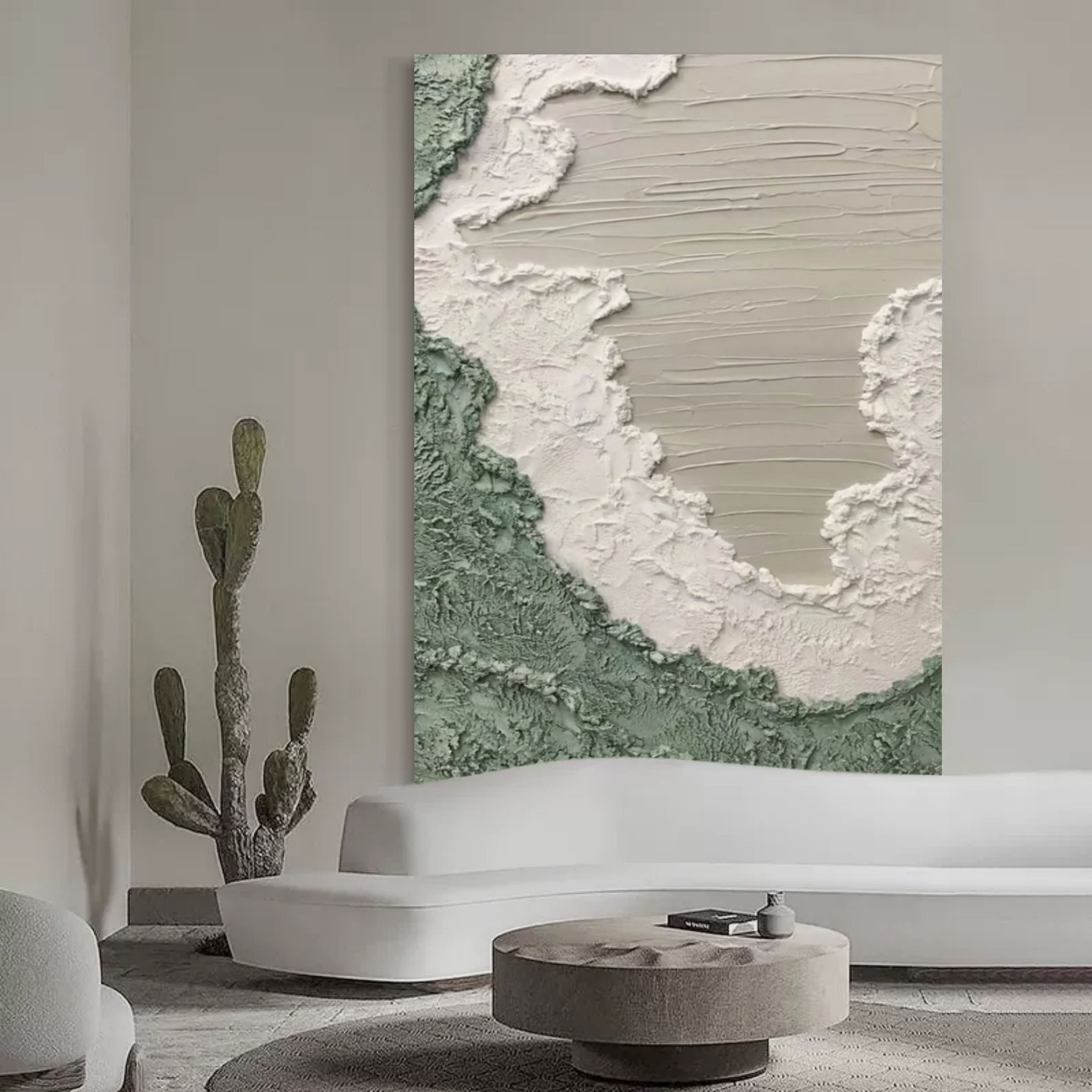 Wall Art Sage Green White Coastal Wave