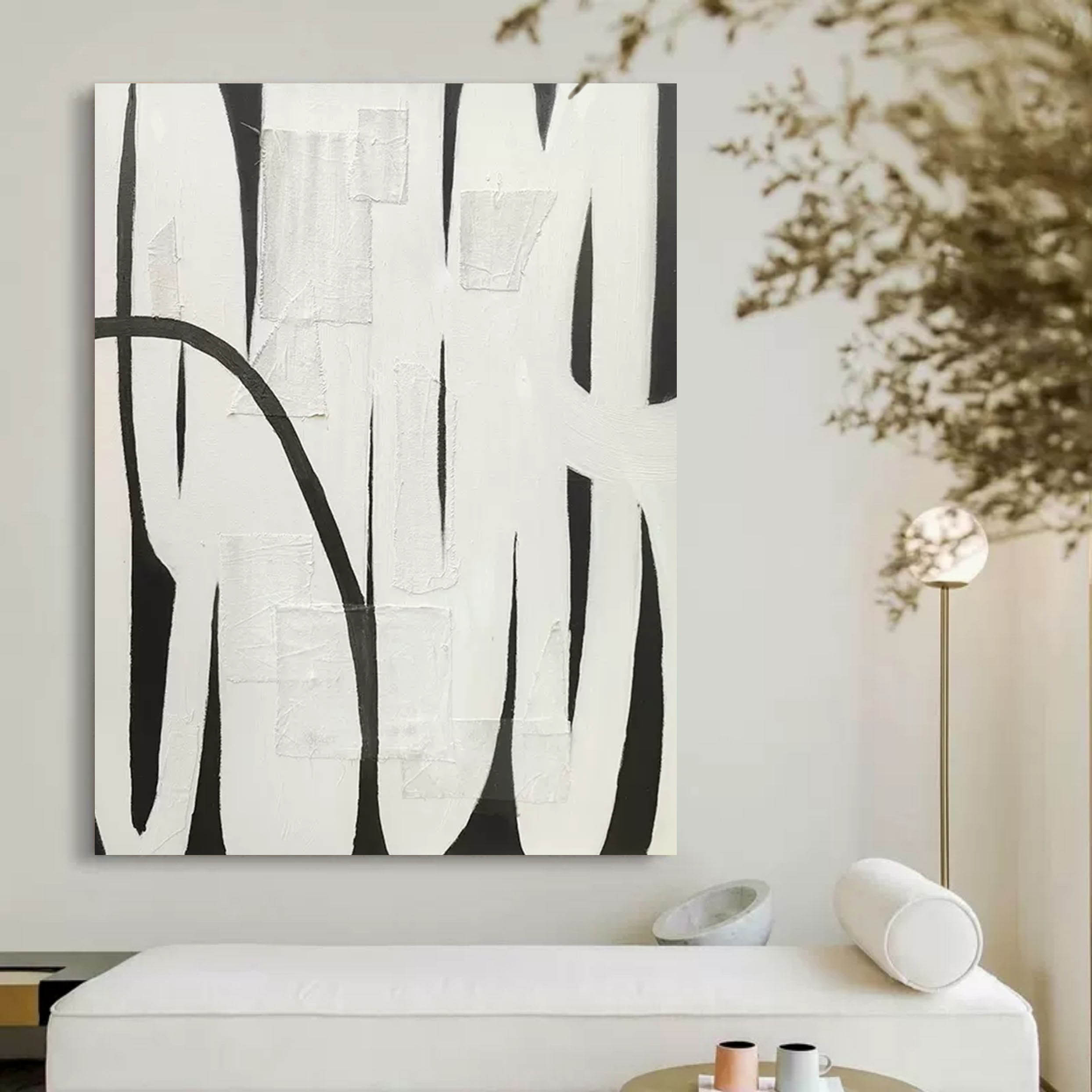 Wall Art Black White Curved Line Patchwork Abstract