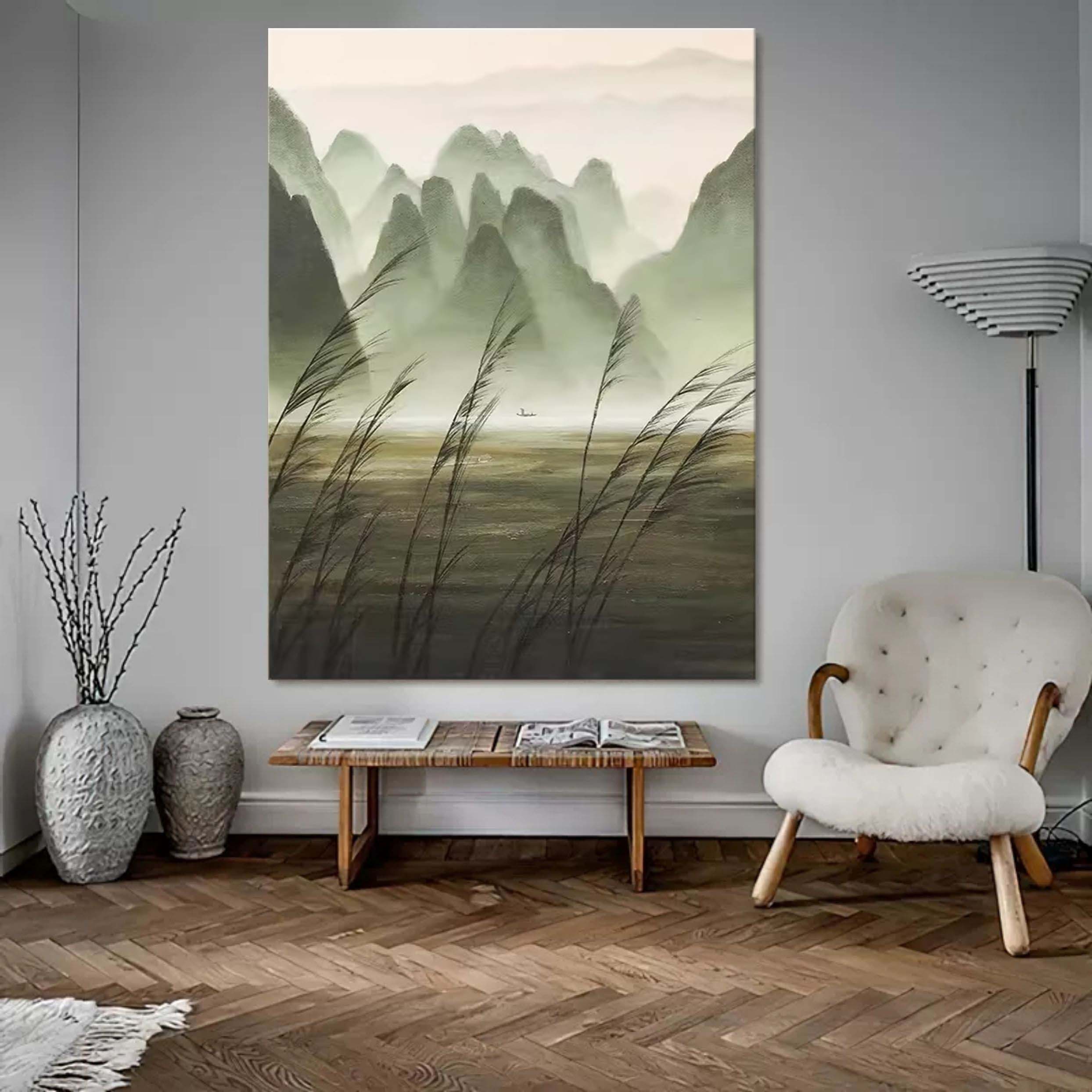 Chinese Ink Misty Green Mountain Landscape Oil Painting