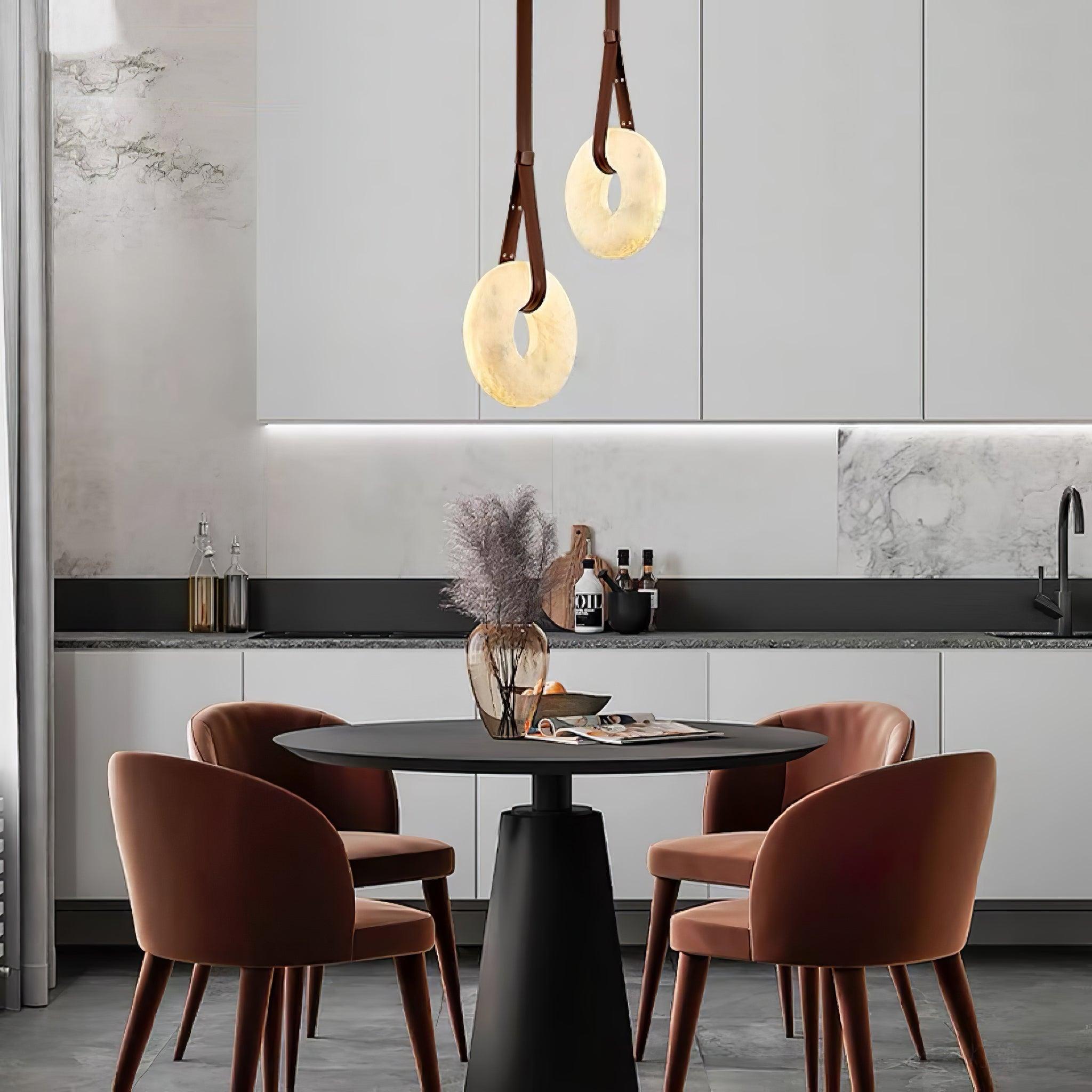 Étoile Pendant Light Alabaster Ring Leather Straps Scandinavian - Neutralighting