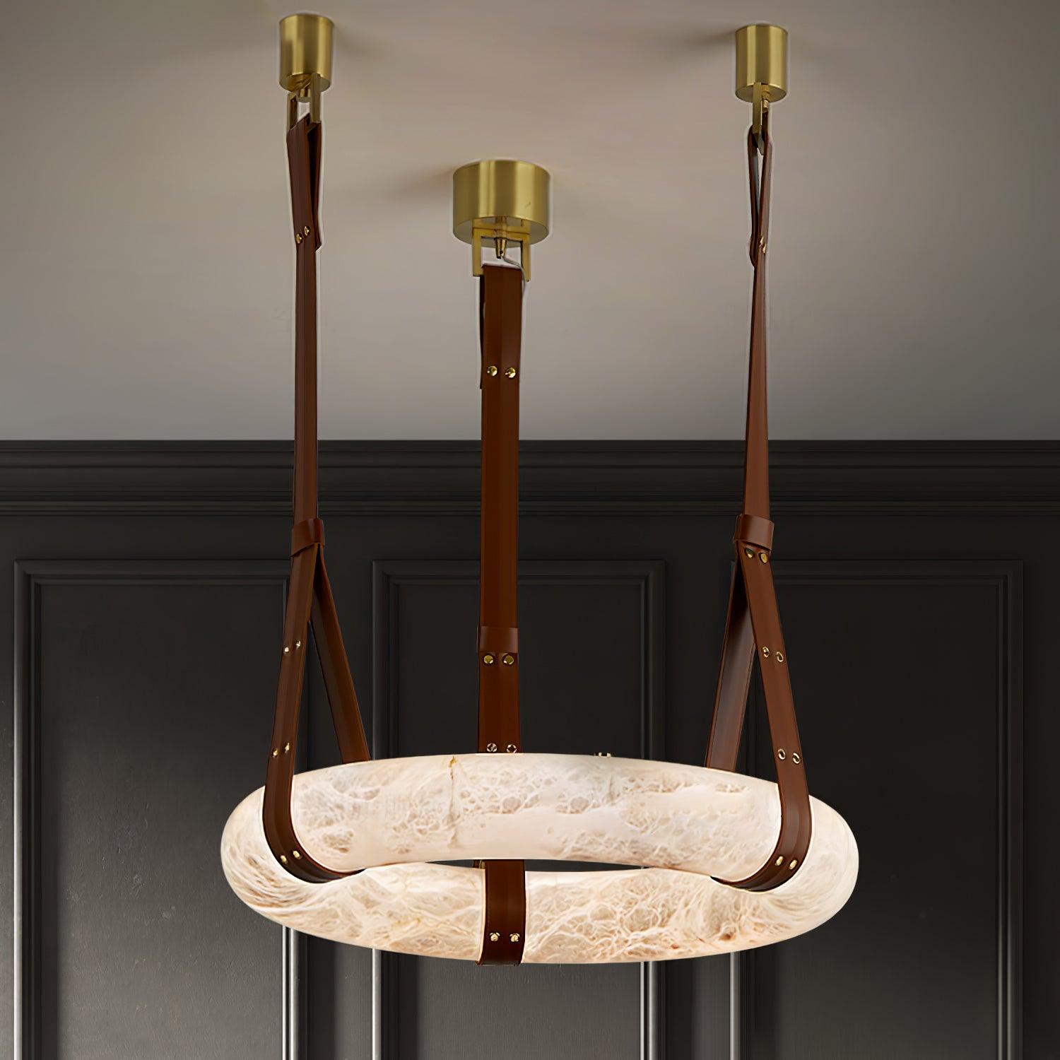 Étoile Pendant Light Alabaster Ring Leather Straps Scandinavian - Neutralighting