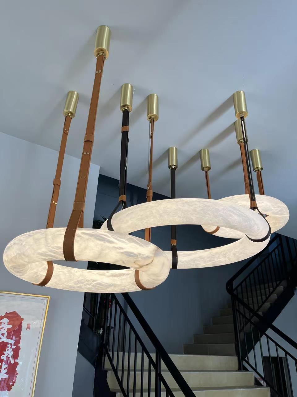 Étoile Pendant Light Chandelier Alabaster Ring Triple Leather - Neutralighting
