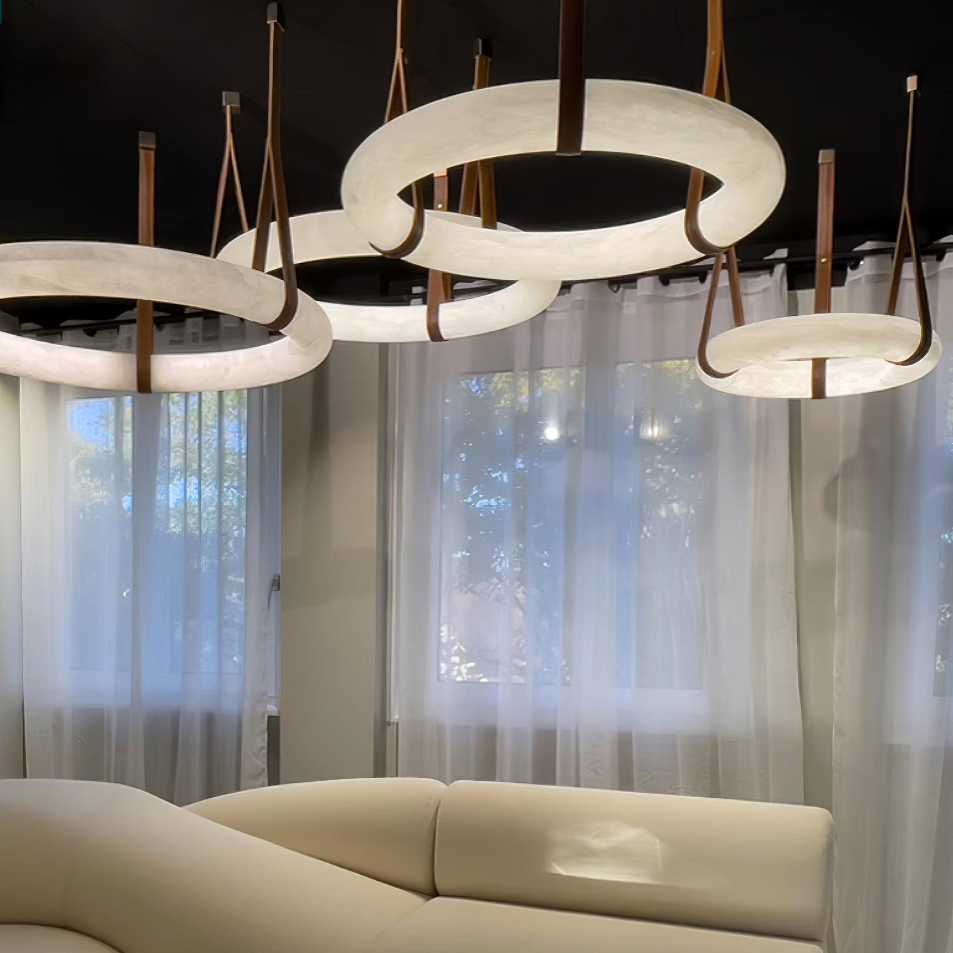 Étoile Pendant Light Chandelier Alabaster Ring Triple Leather - Neutralighting