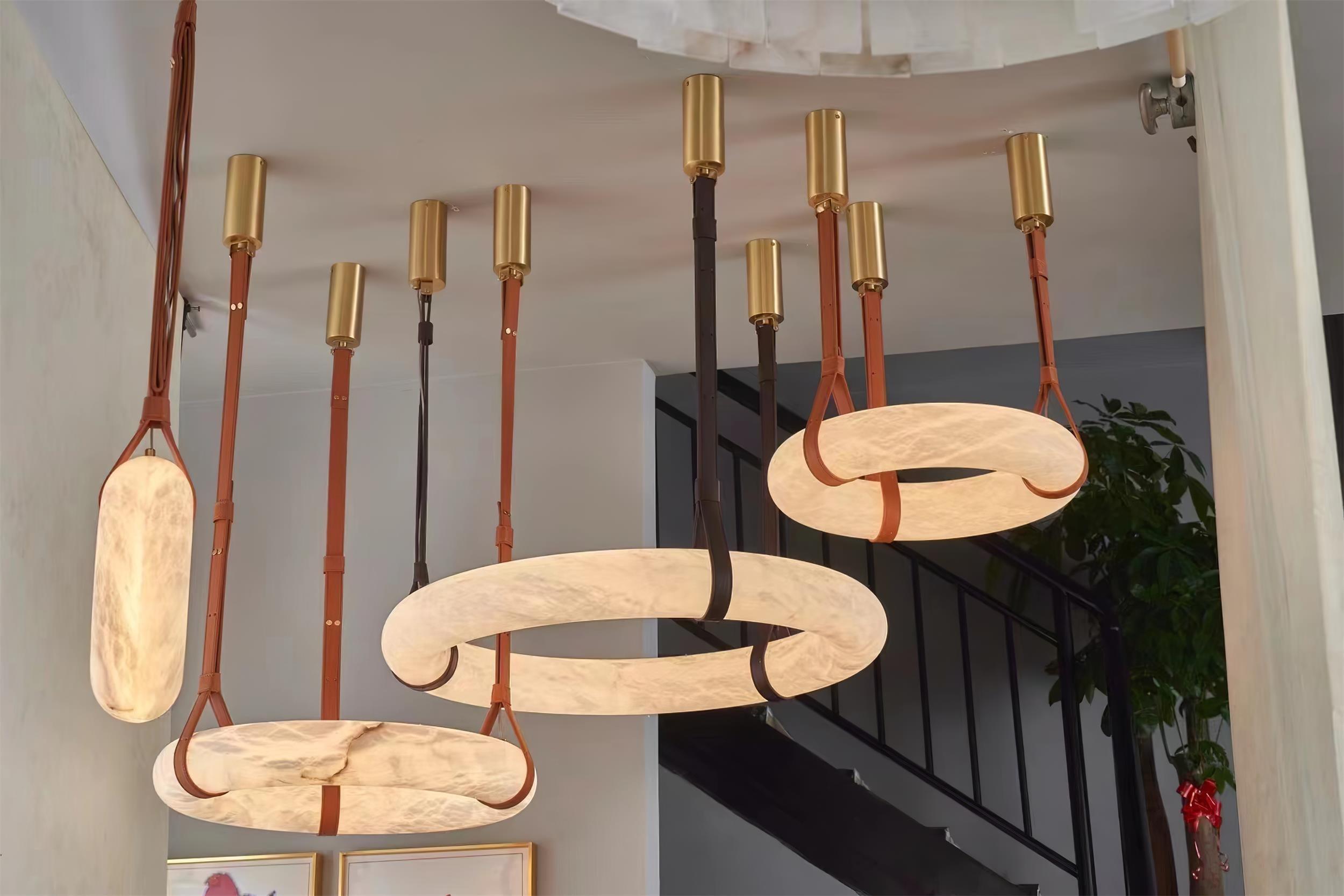 Étoile Pendant Light Alabaster Ring Leather Straps Scandinavian - Neutralighting