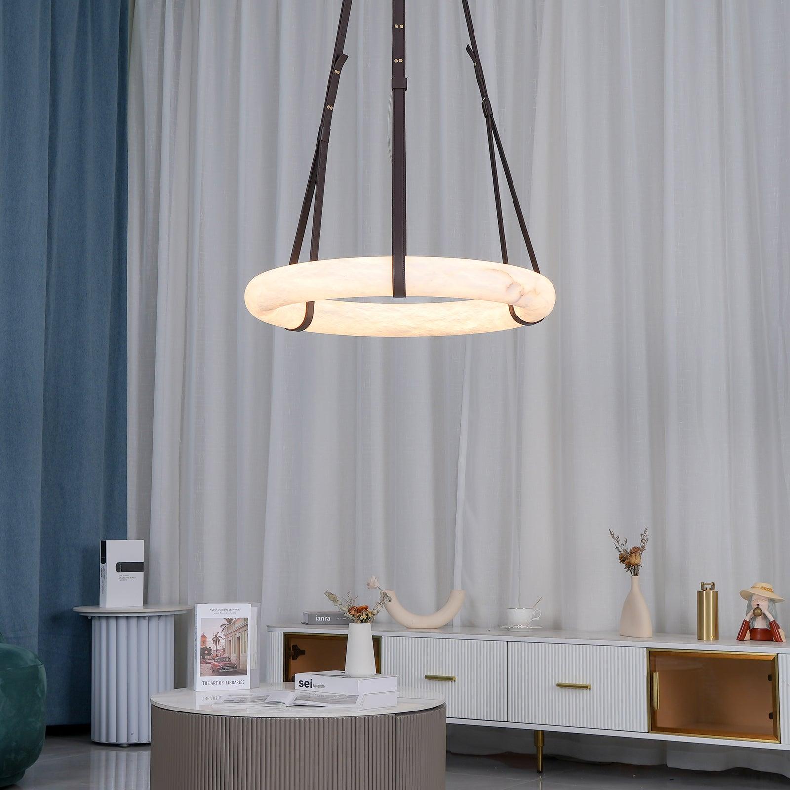 Étoile Pendant Light Alabaster Ring Leather Straps Scandinavian - Neutralighting