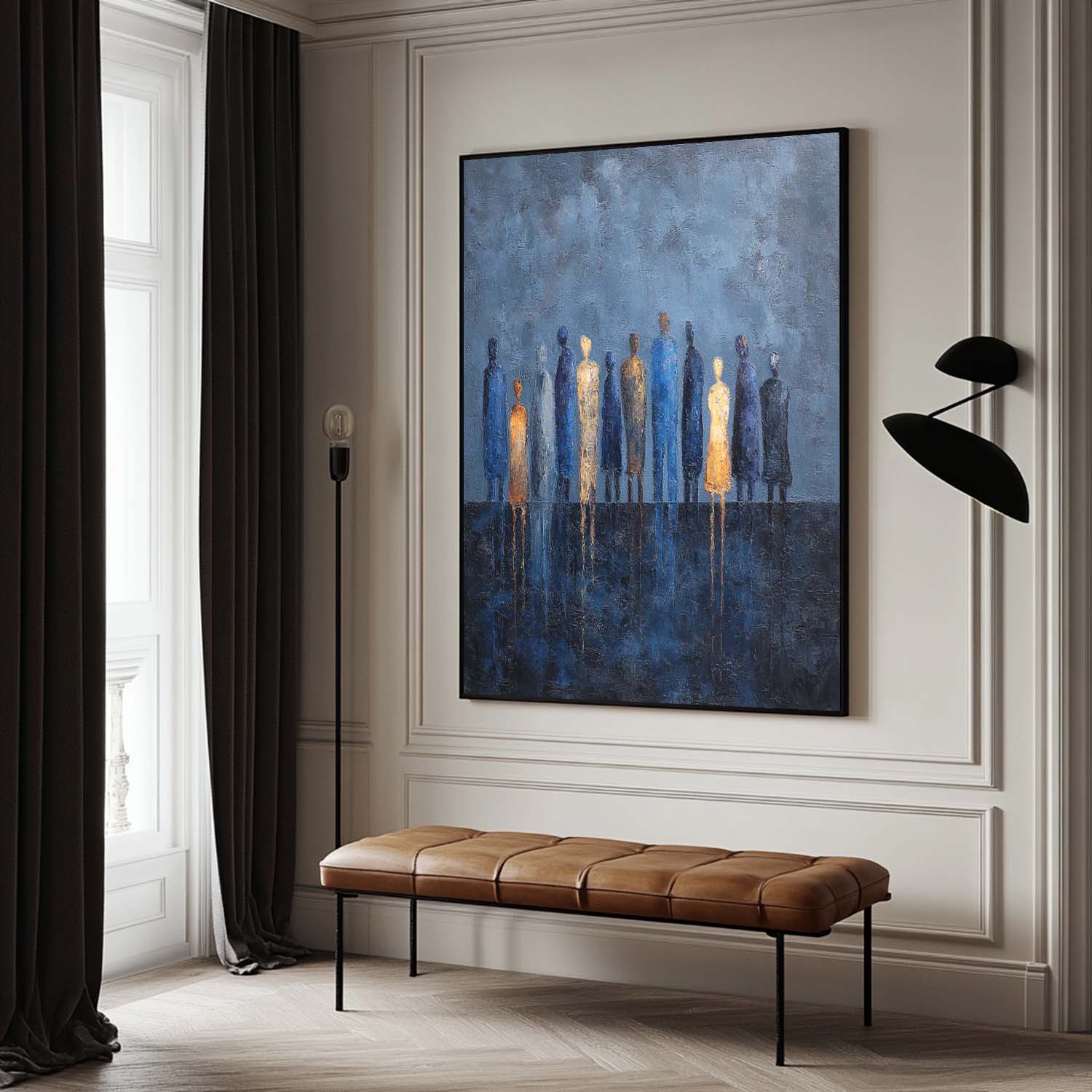 Navy‑Blue‑Gold Vertical Stylized Group‑Figure Textured Artwork