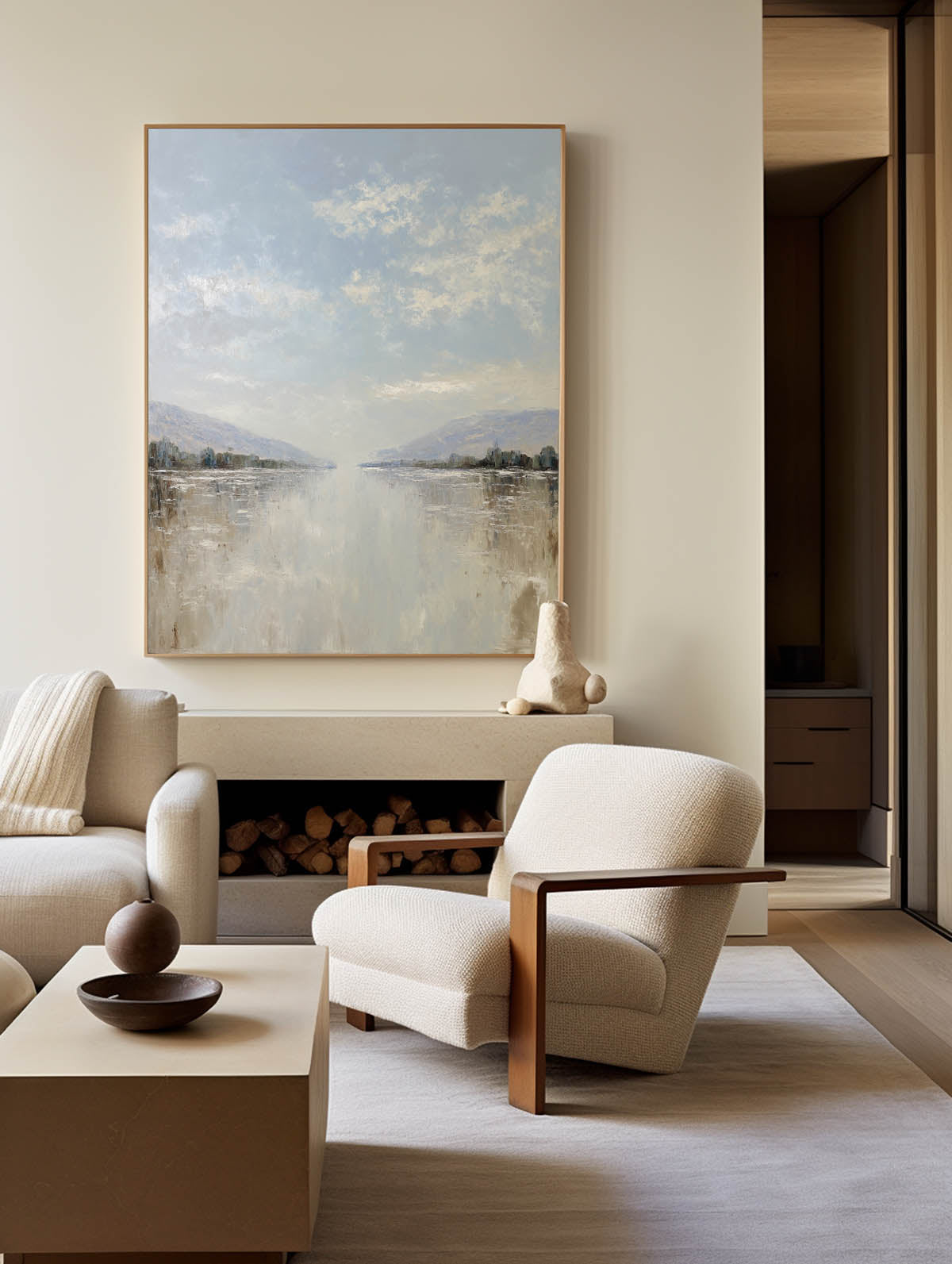 Blue‑Grey‑Beige Vertical Serene Waterscape Abstract Textured Artwork