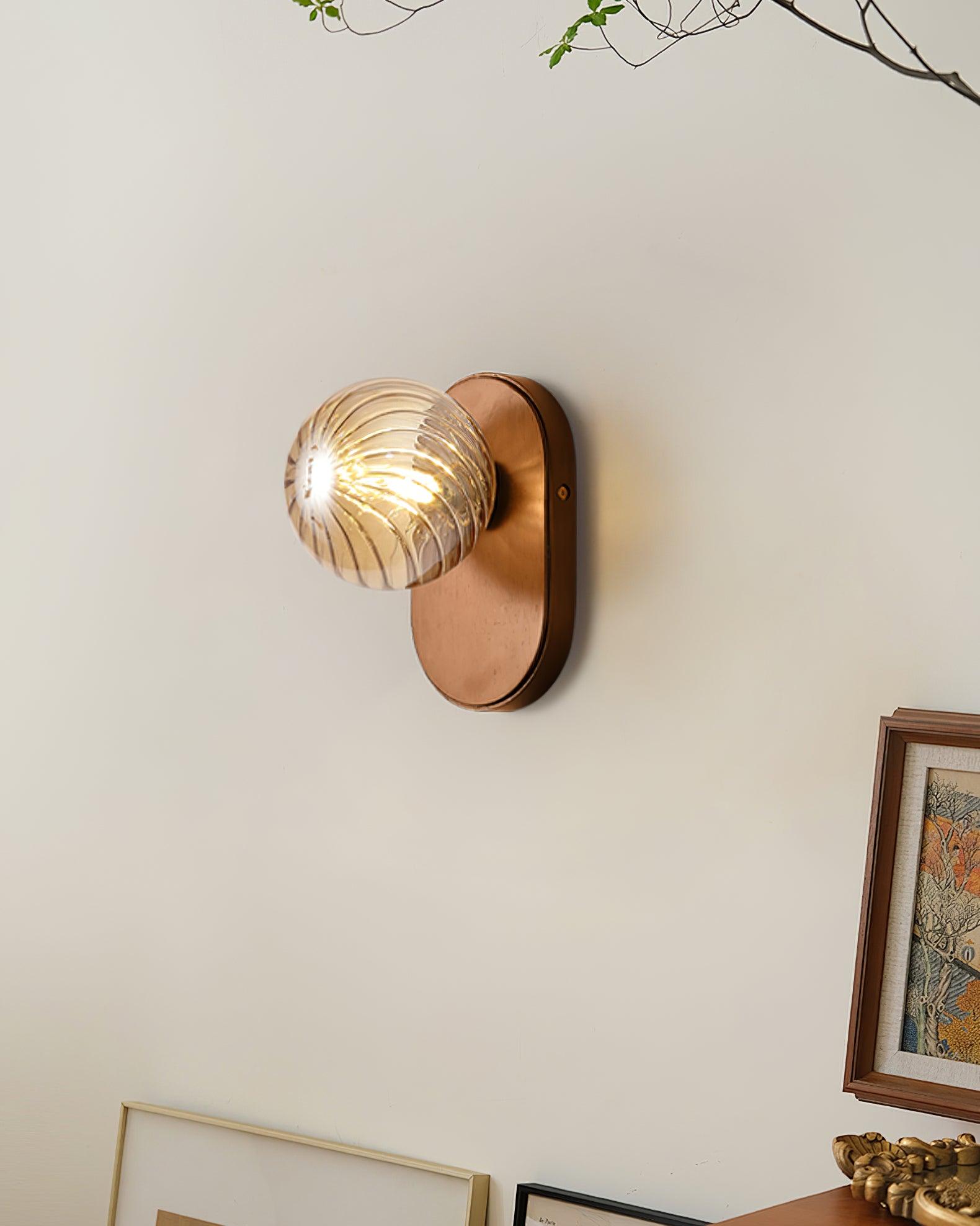 Wall Lamp Wood Body Amber Ribbed Glass Globe Walnut Color Modern Accent - Neutralighting