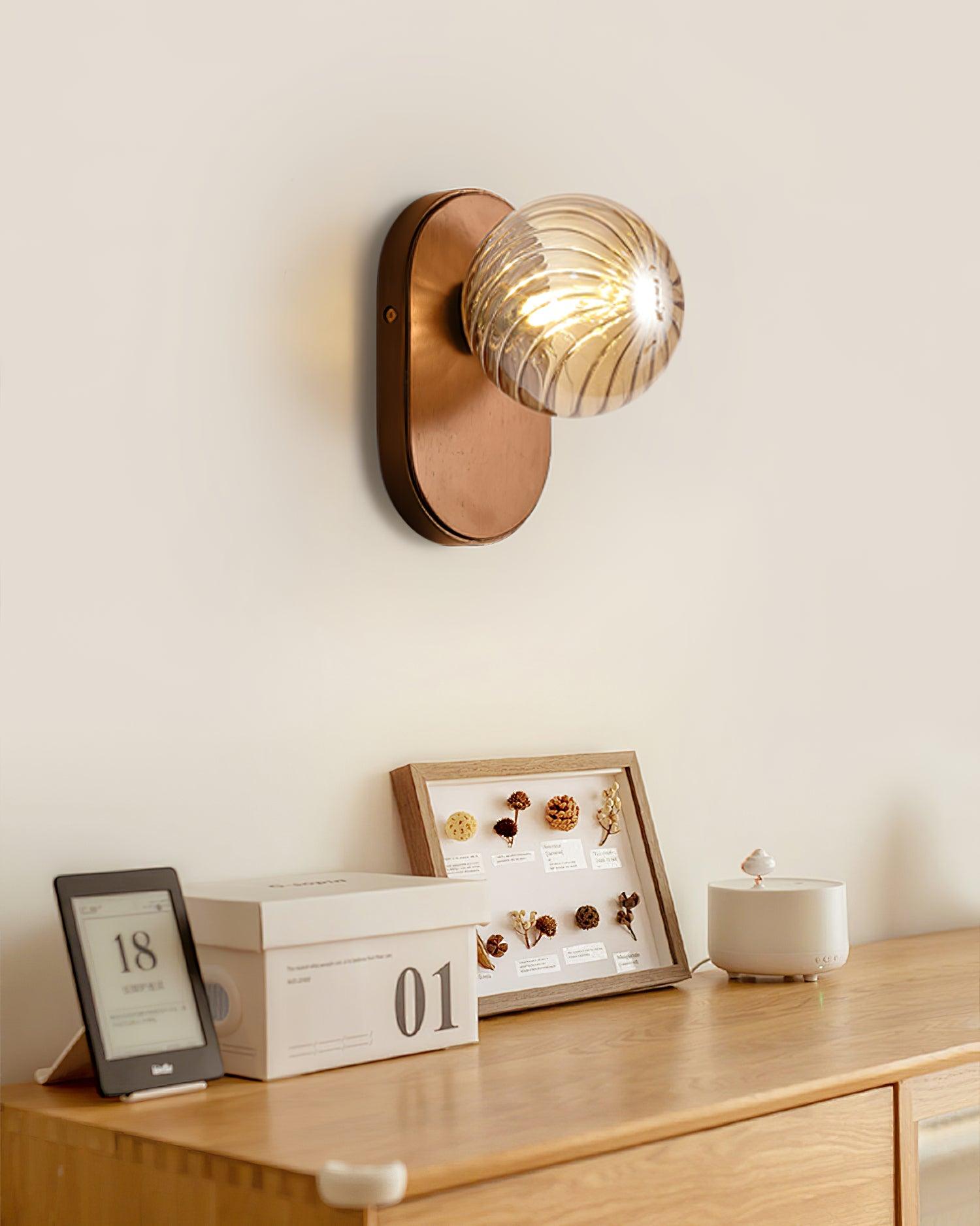Wall Lamp Wood Body Amber Ribbed Glass Globe Walnut Color Modern Accent - Neutralighting