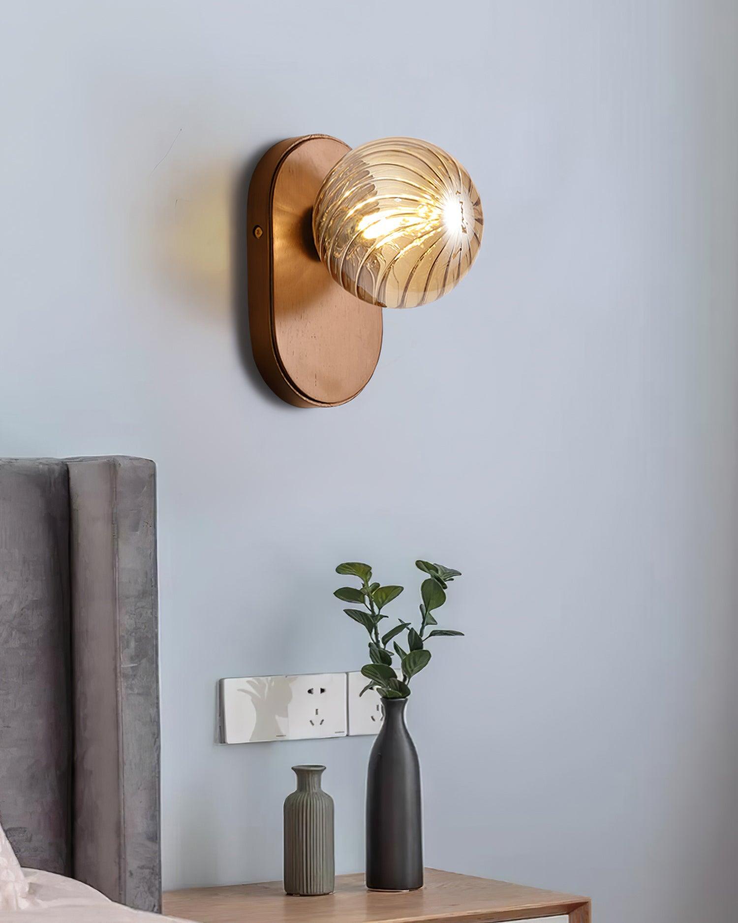 Wall Lamp Wood Body Amber Ribbed Glass Globe Walnut Color Modern Accent - Neutralighting