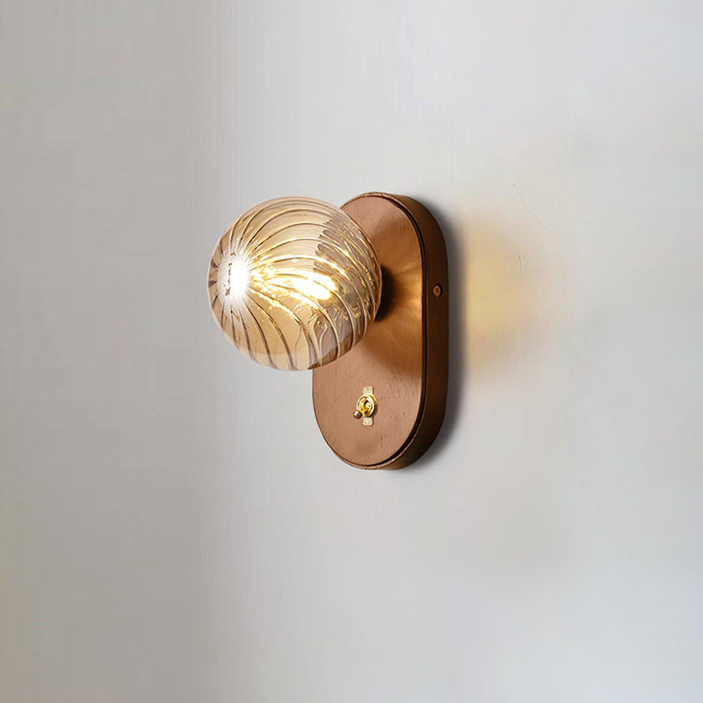 Wall Lamp Wood Body Amber Ribbed Glass Globe Walnut Color Modern Accent - Neutralighting