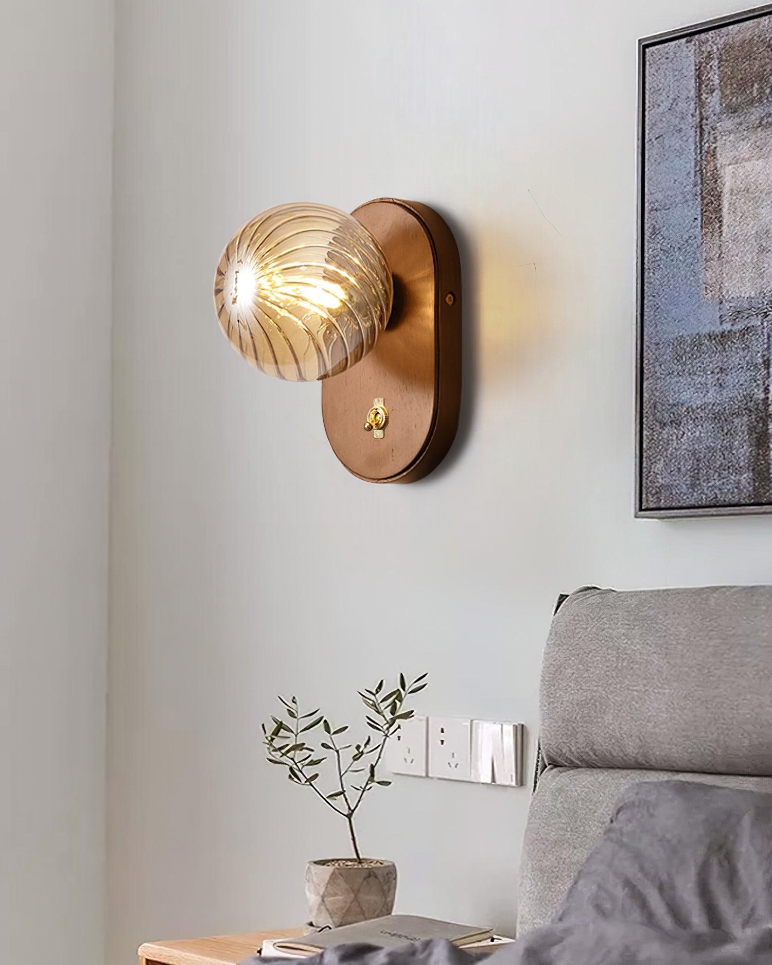 Wall Lamp Wood Body Amber Ribbed Glass Globe Walnut Color Modern Accent - Neutralighting