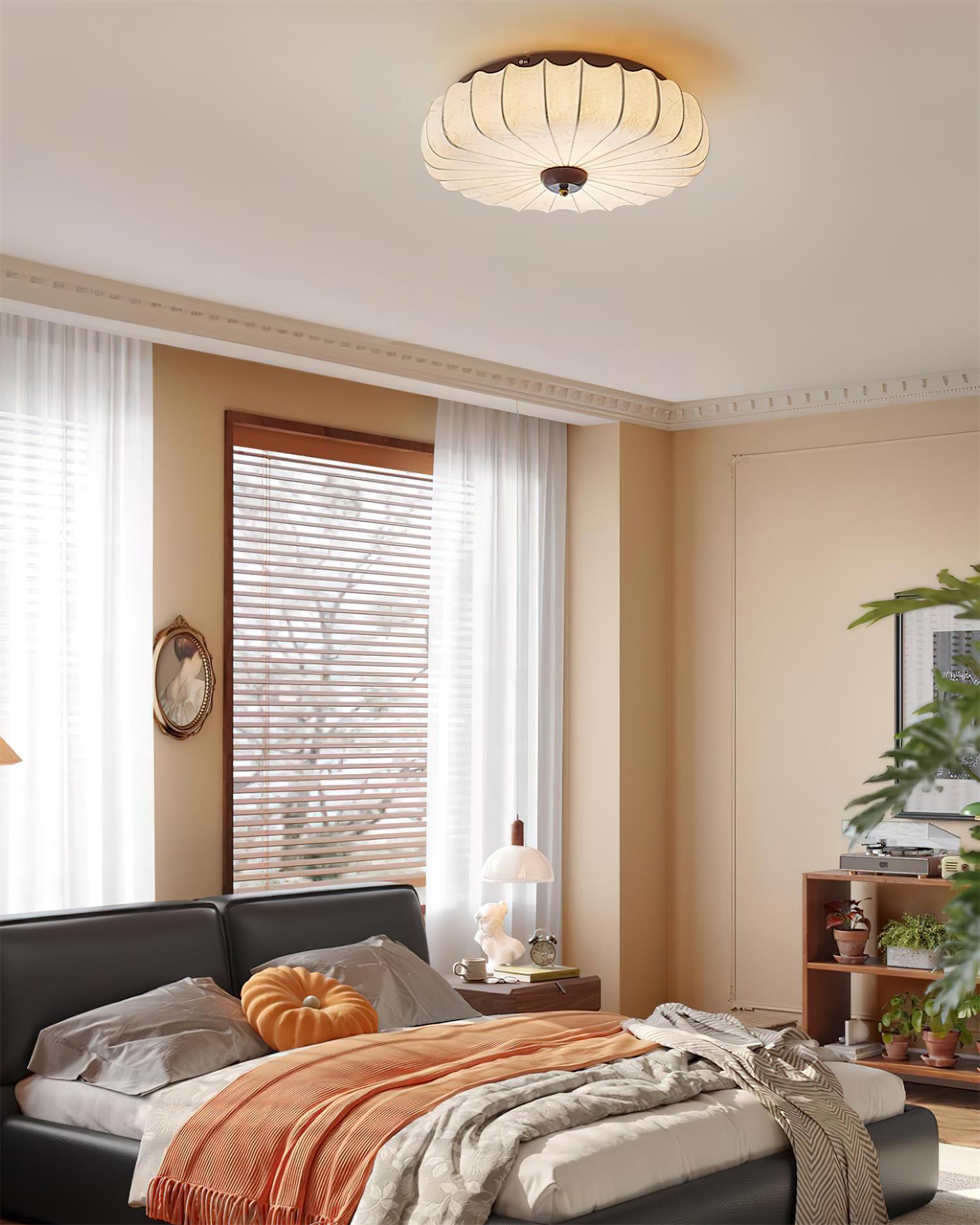 Ceiling Lamp Fabric Shade Pleated Lotus Shape Wooden Canopy - Neutralighting
