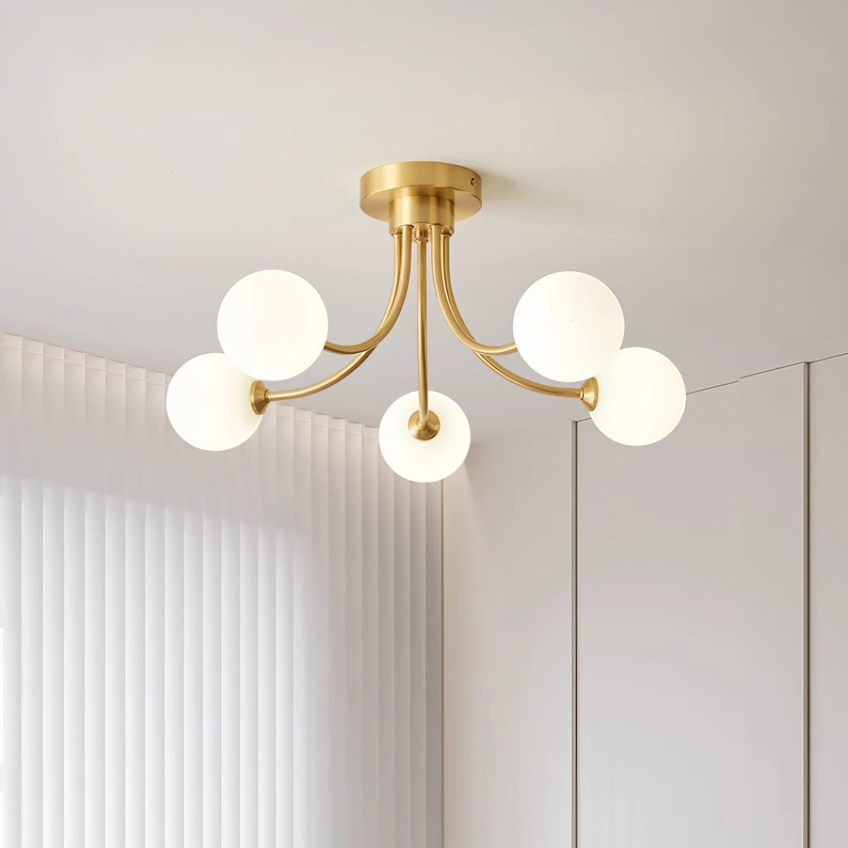 Ceiling Light Brass Branching Arms Opal Globe Shades Modern Elegant - Neutralighting