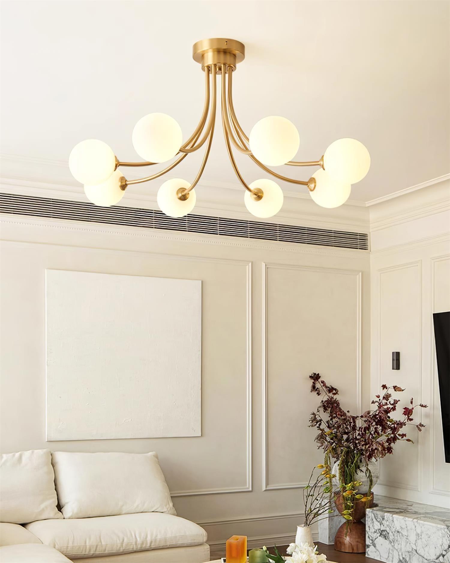 Ceiling Light Brass Branching Arms Opal Globe Shades Modern Elegant - Neutralighting
