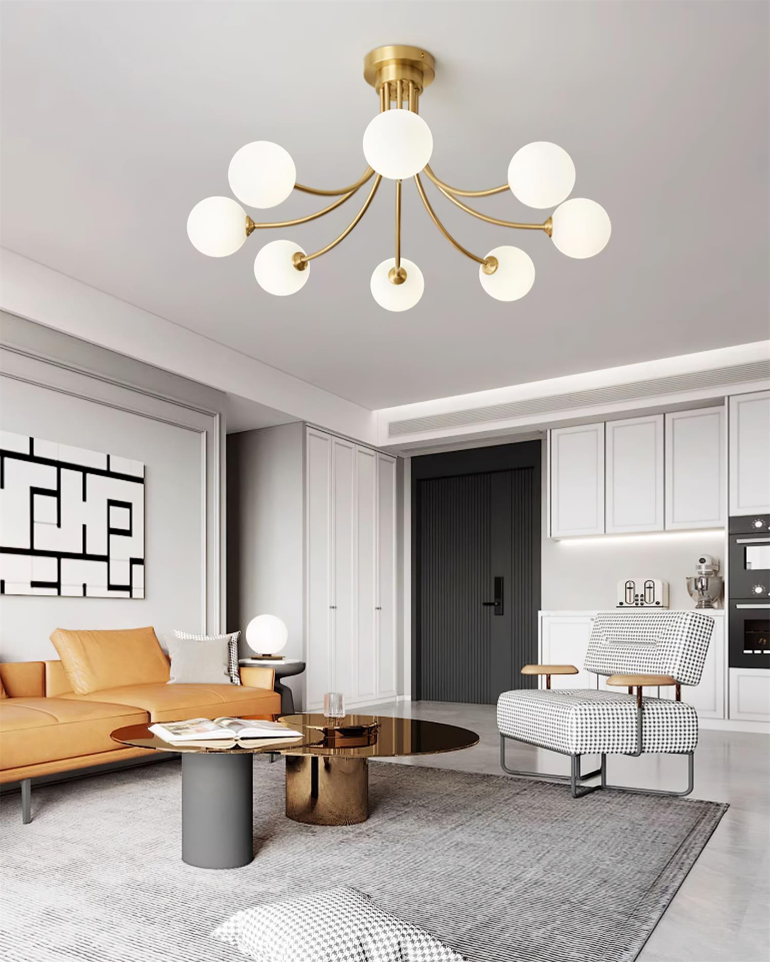 Ceiling Light Brass Branching Arms Opal Globe Shades Modern Elegant - Neutralighting