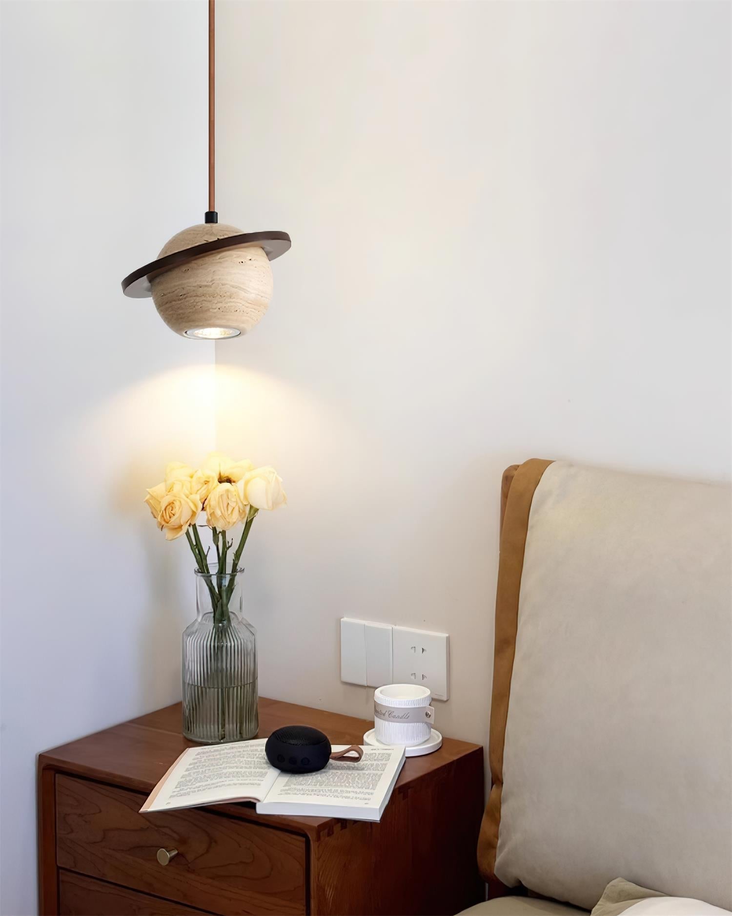 Pendant Light Travertine Planet Walnut Wood Ambient Minimalist - Neutralighting