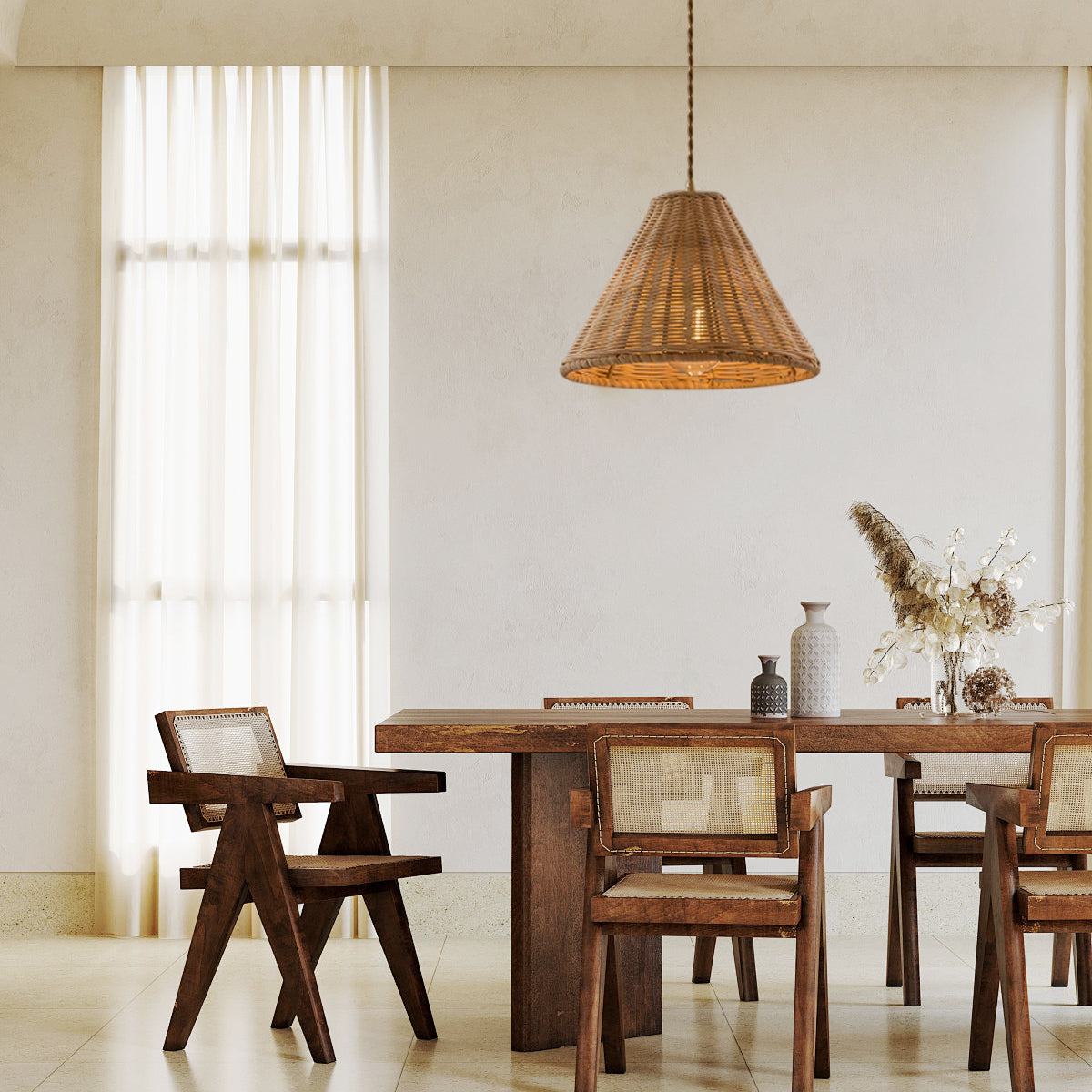Pendant Lamp Rattan Shade and Metal Body Cone Shape Natural Minimalist - Neutralighting