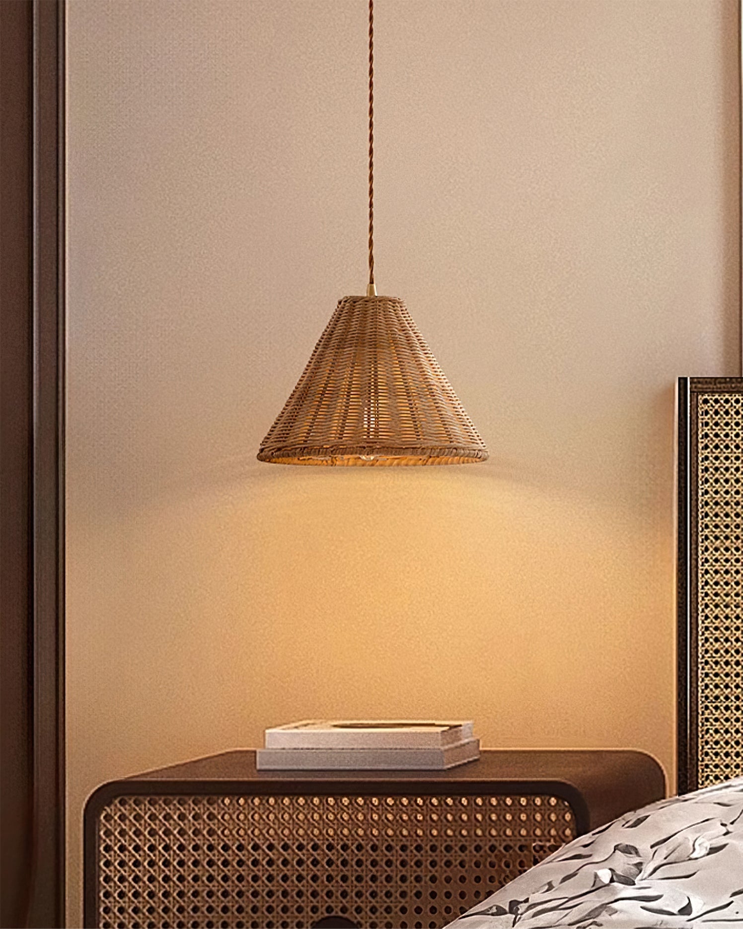 Pendant Lamp Rattan Shade and Metal Body Cone Shape Natural Minimalist - Neutralighting