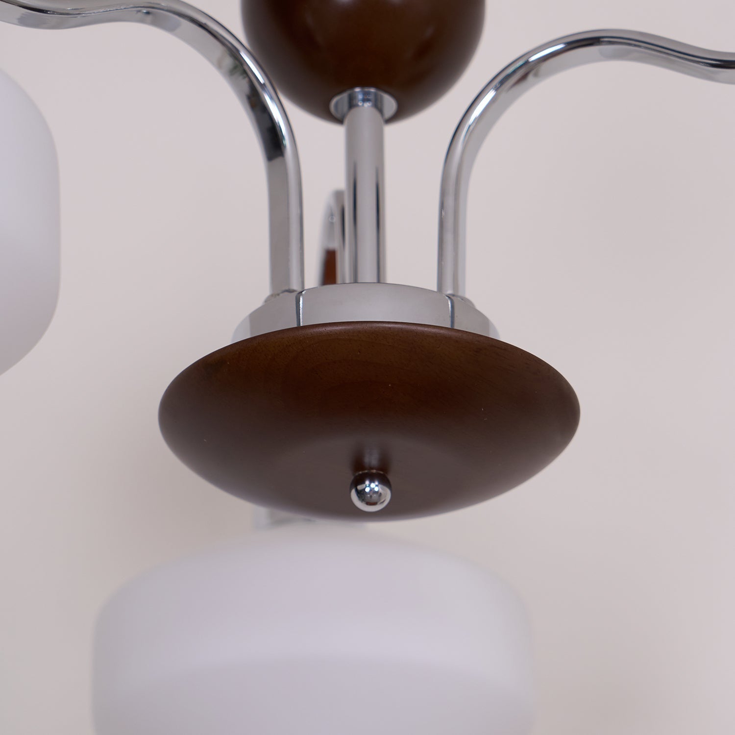 Chandelier White Glass Shades Chrome Walnut Arms Retro - Neutralighting