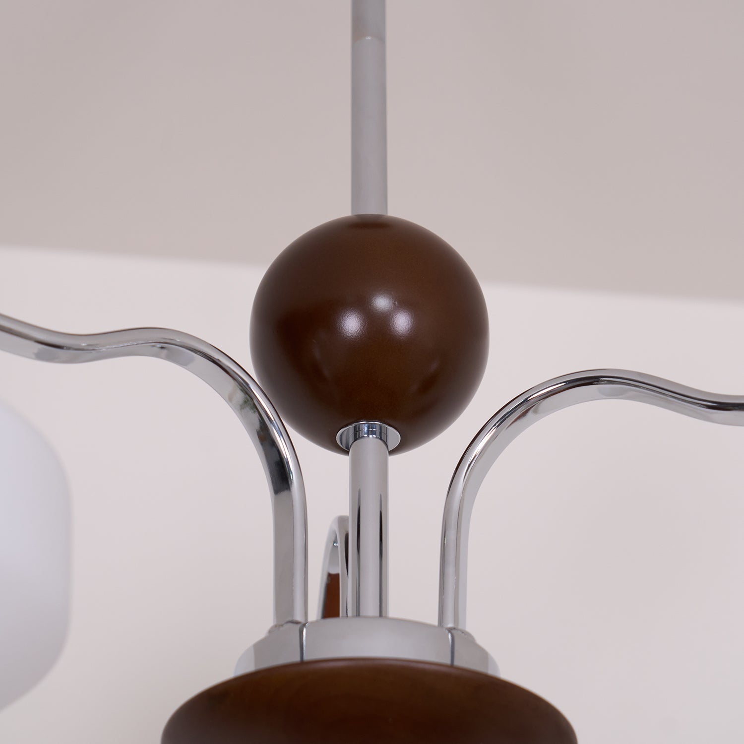 Chandelier White Glass Shades Chrome Walnut Arms Retro - Neutralighting