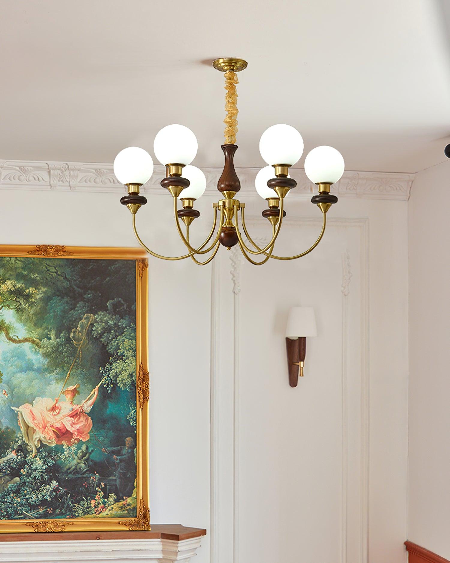 Chandelier Brass Curved Arms Walnut Vintage - Neutralighting