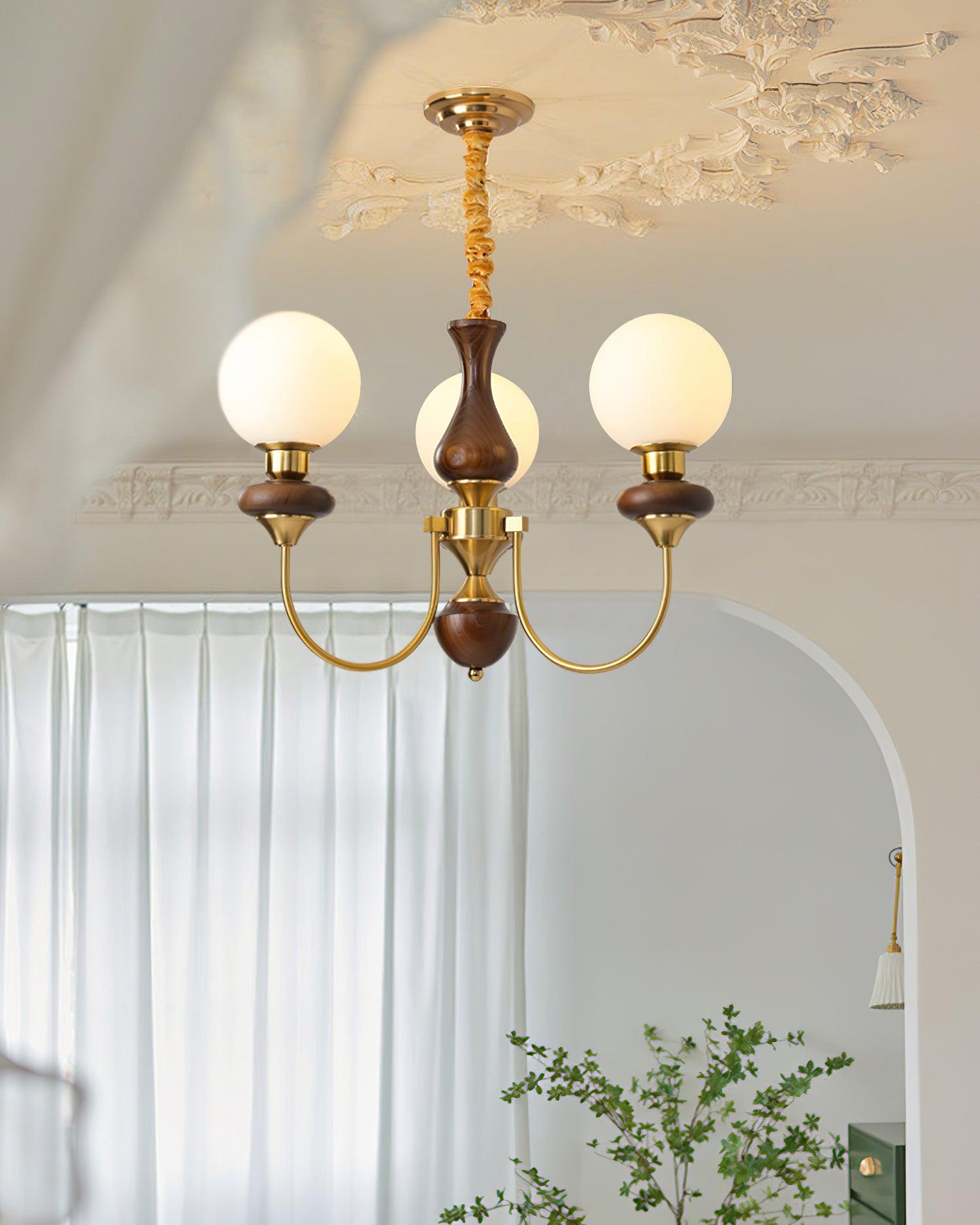 Chandelier Brass Curved Arms Walnut Vintage - Neutralighting