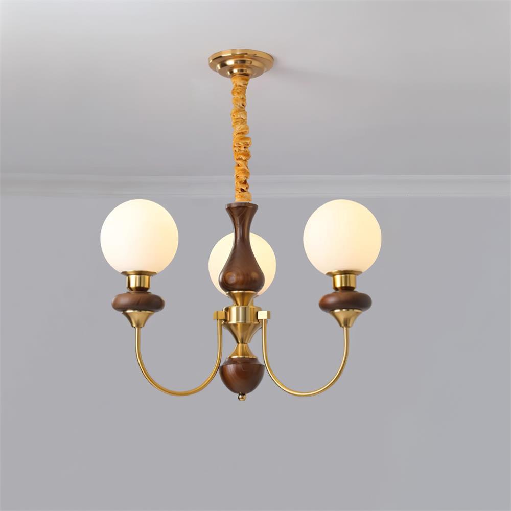 Chandelier Brass Curved Arms Walnut Vintage - Neutralighting