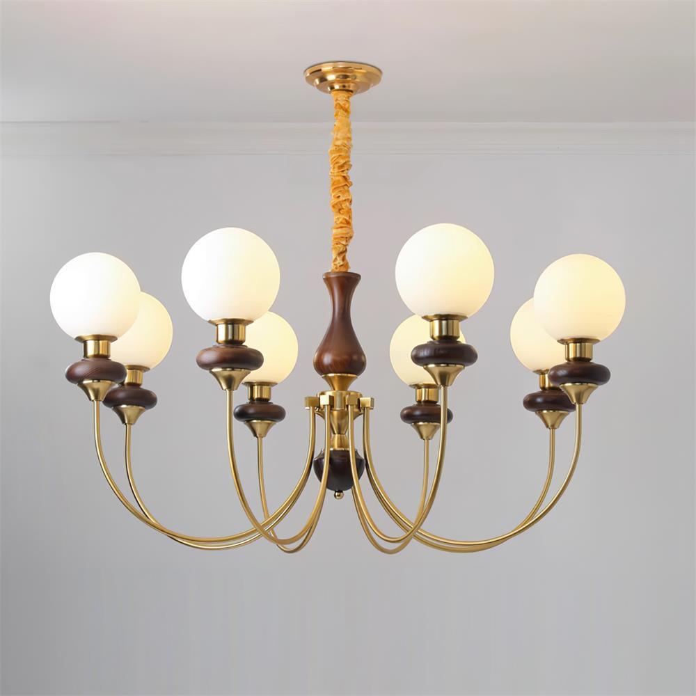 Chandelier Brass Curved Arms Walnut Vintage - Neutralighting