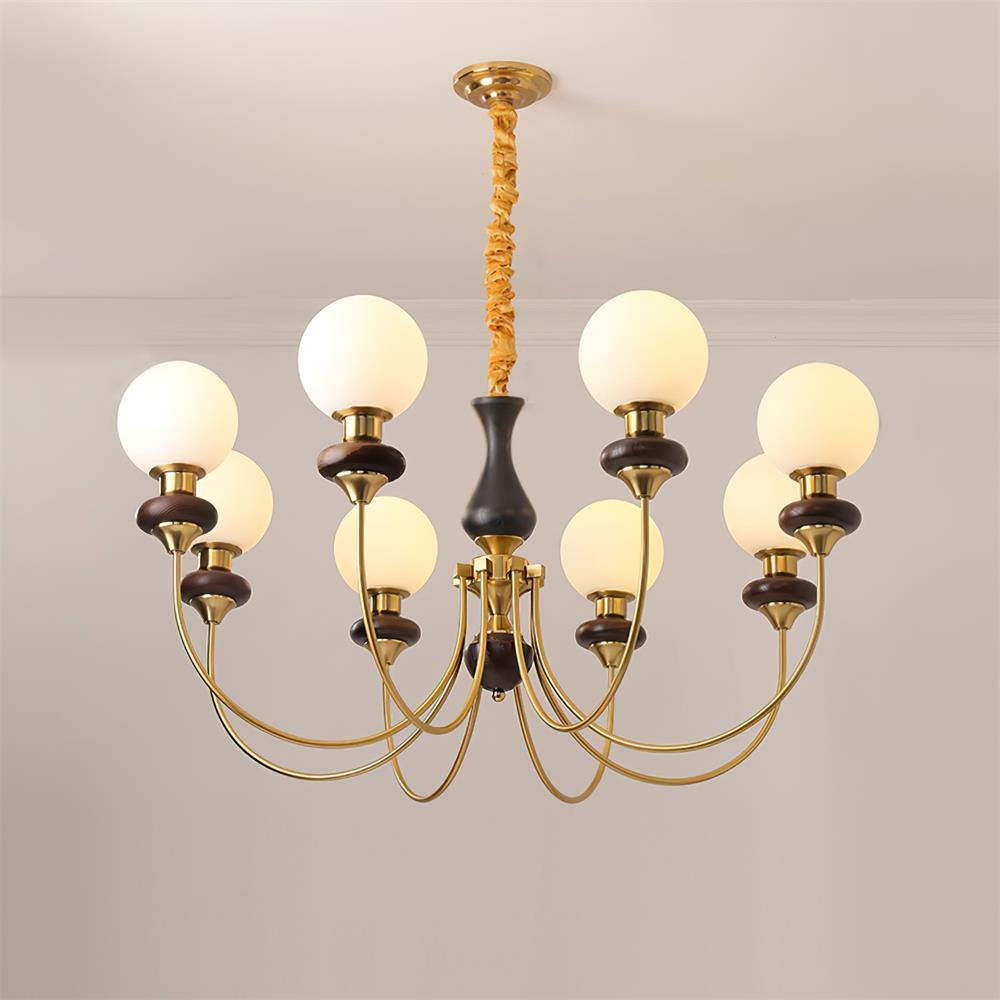 Chandelier Brass Curved Arms Walnut Vintage - Neutralighting