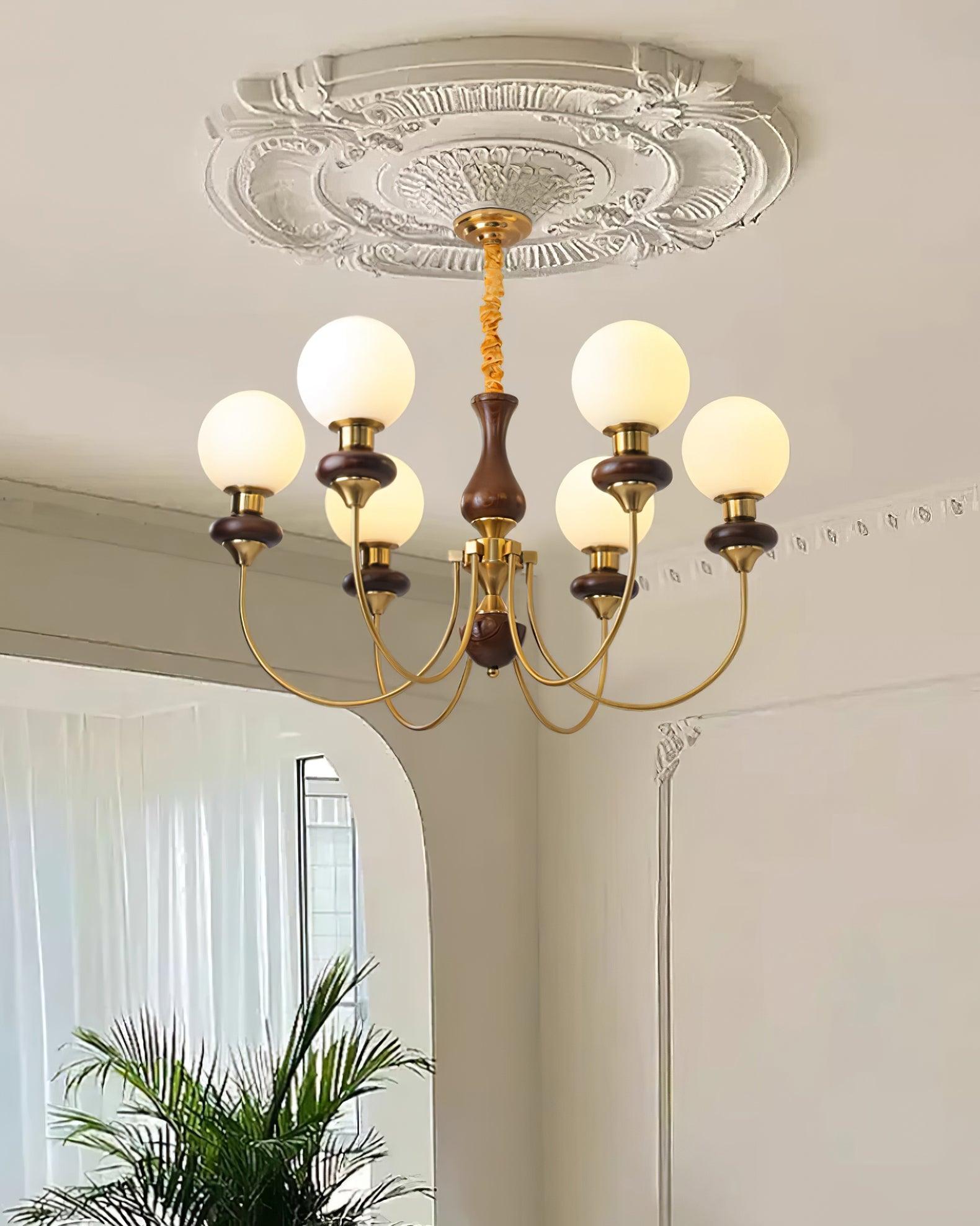 Chandelier Brass Curved Arms Walnut Vintage - Neutralighting