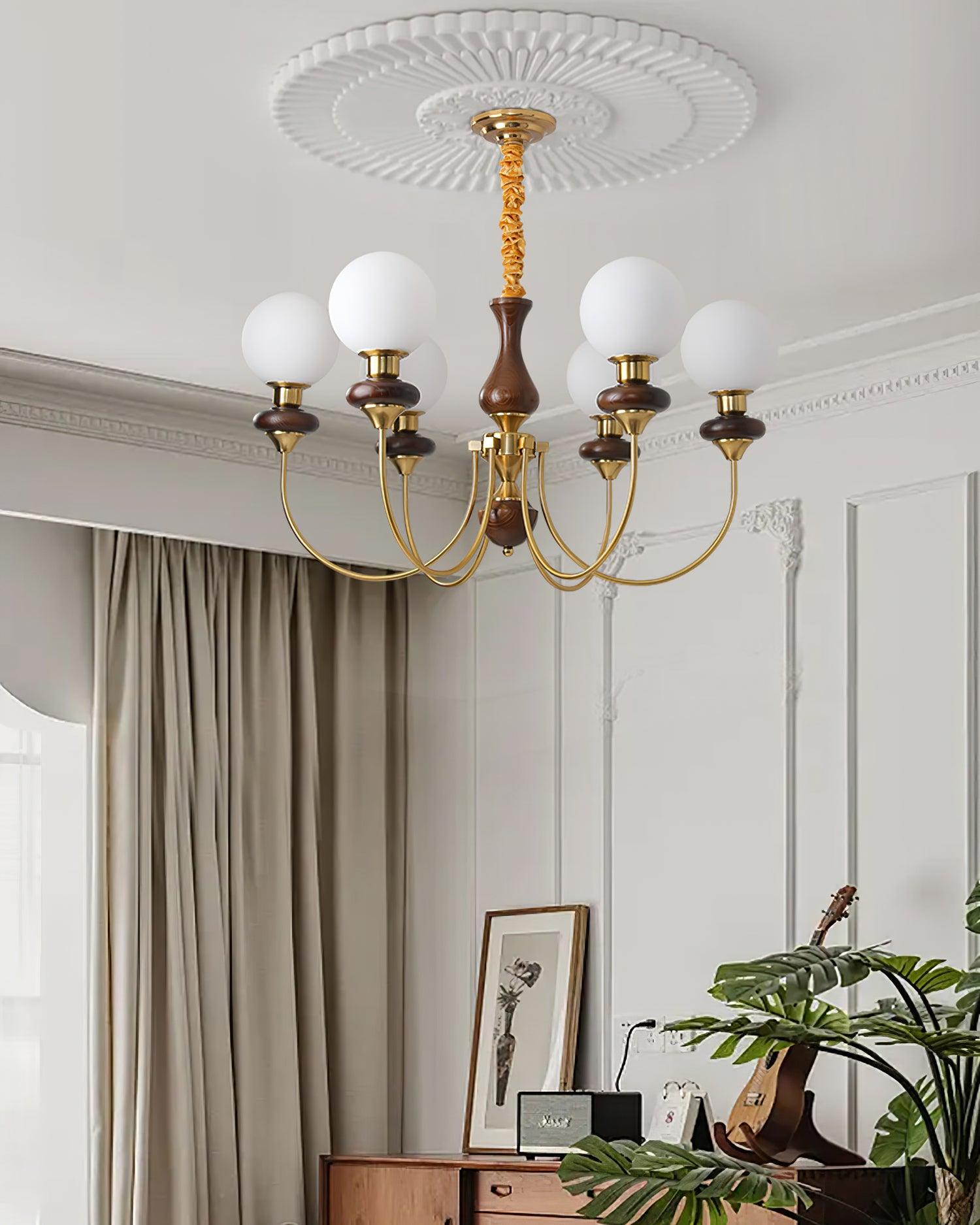 Chandelier Brass Curved Arms Walnut Vintage - Neutralighting