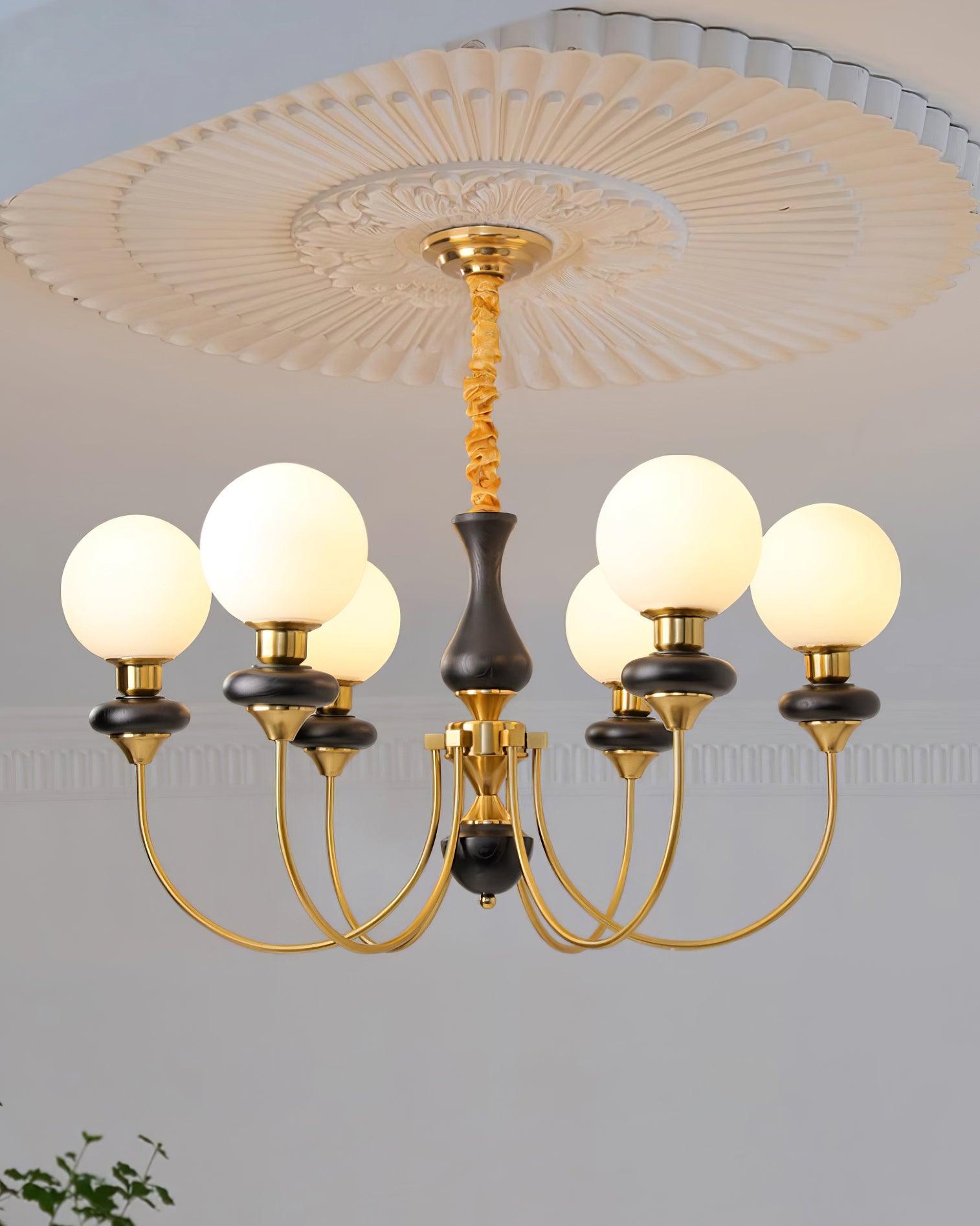 Chandelier Brass Curved Arms Walnut Vintage - Neutralighting