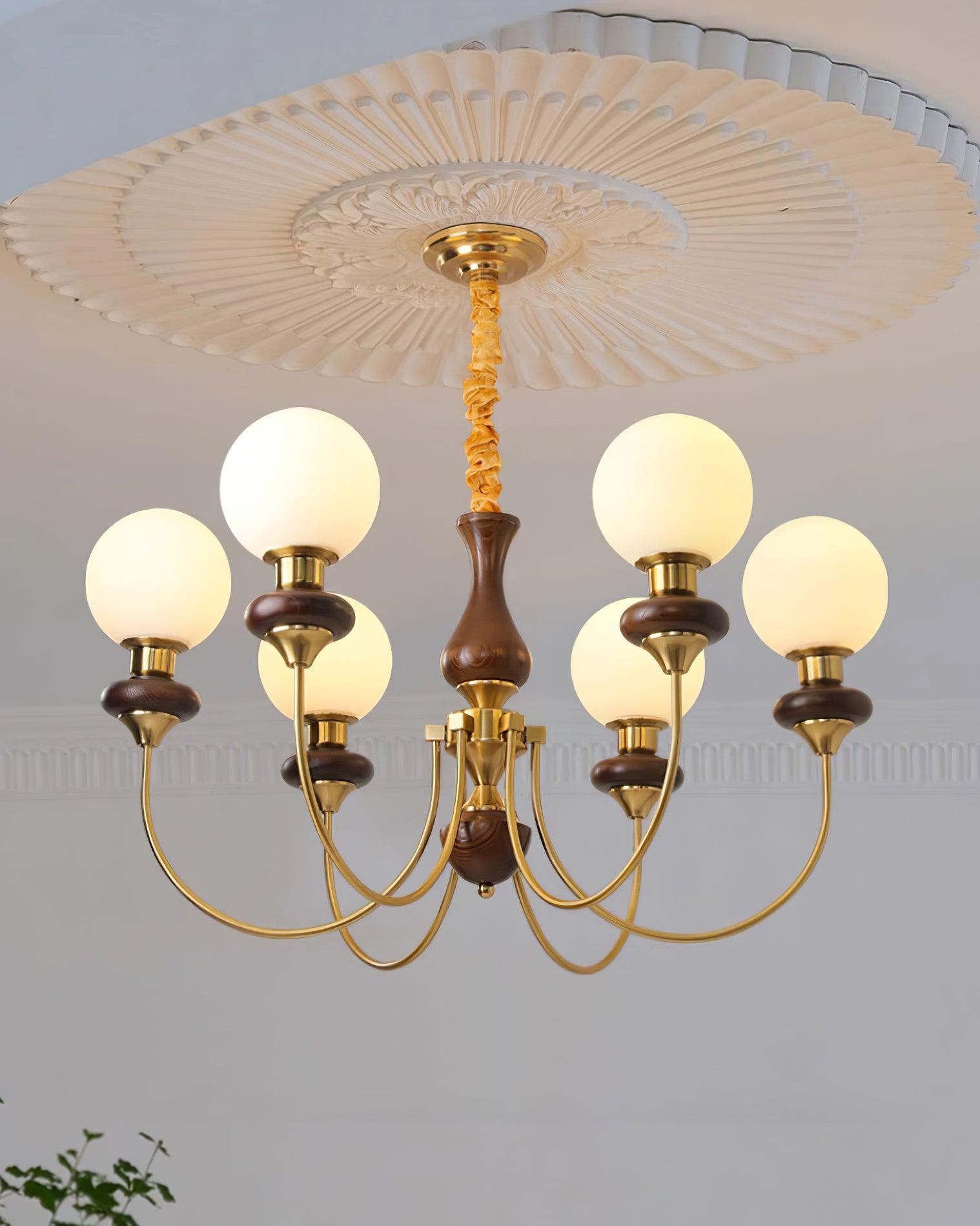 Chandelier Brass Curved Arms Walnut Vintage - Neutralighting