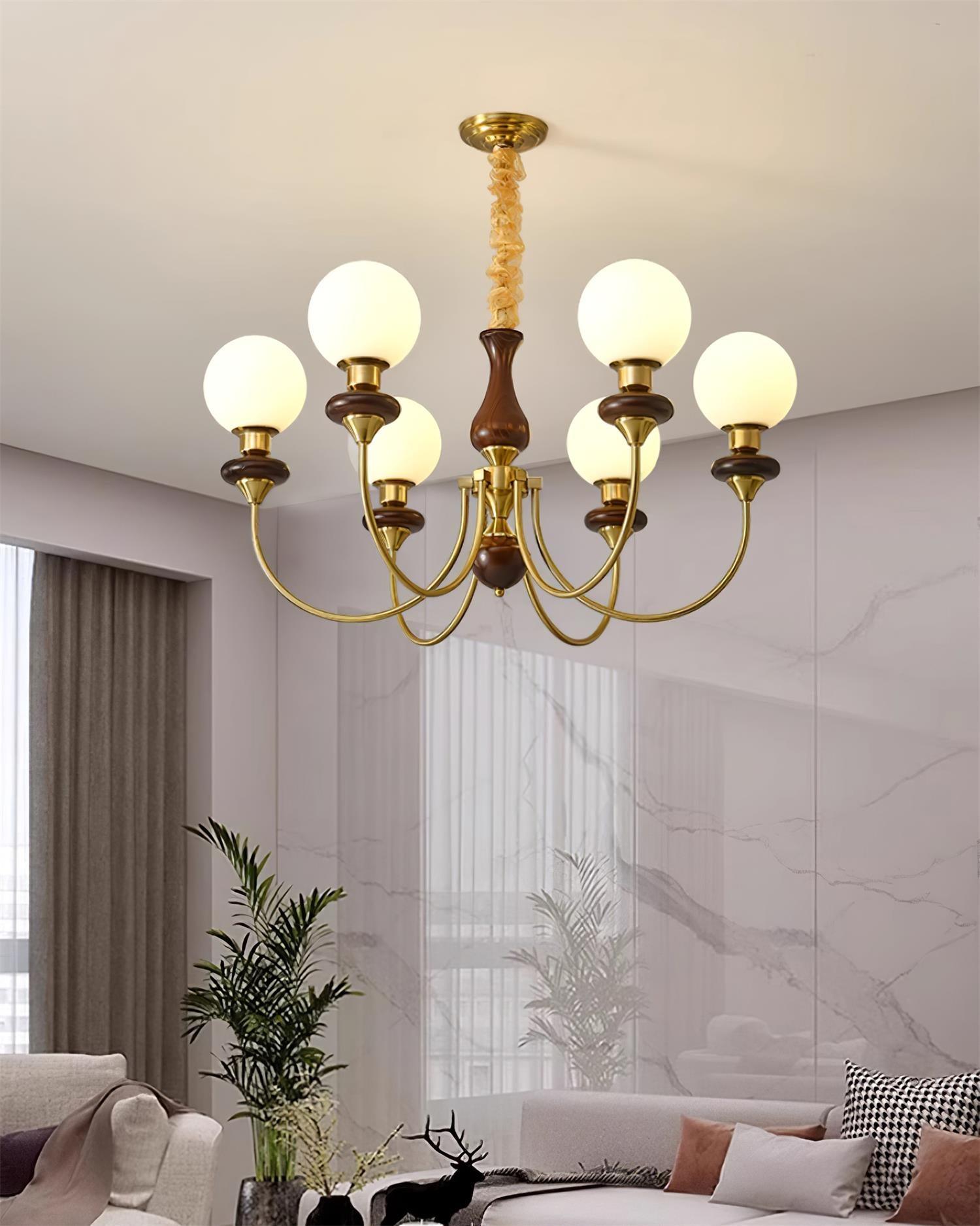 Chandelier Brass Curved Arms Walnut Vintage - Neutralighting