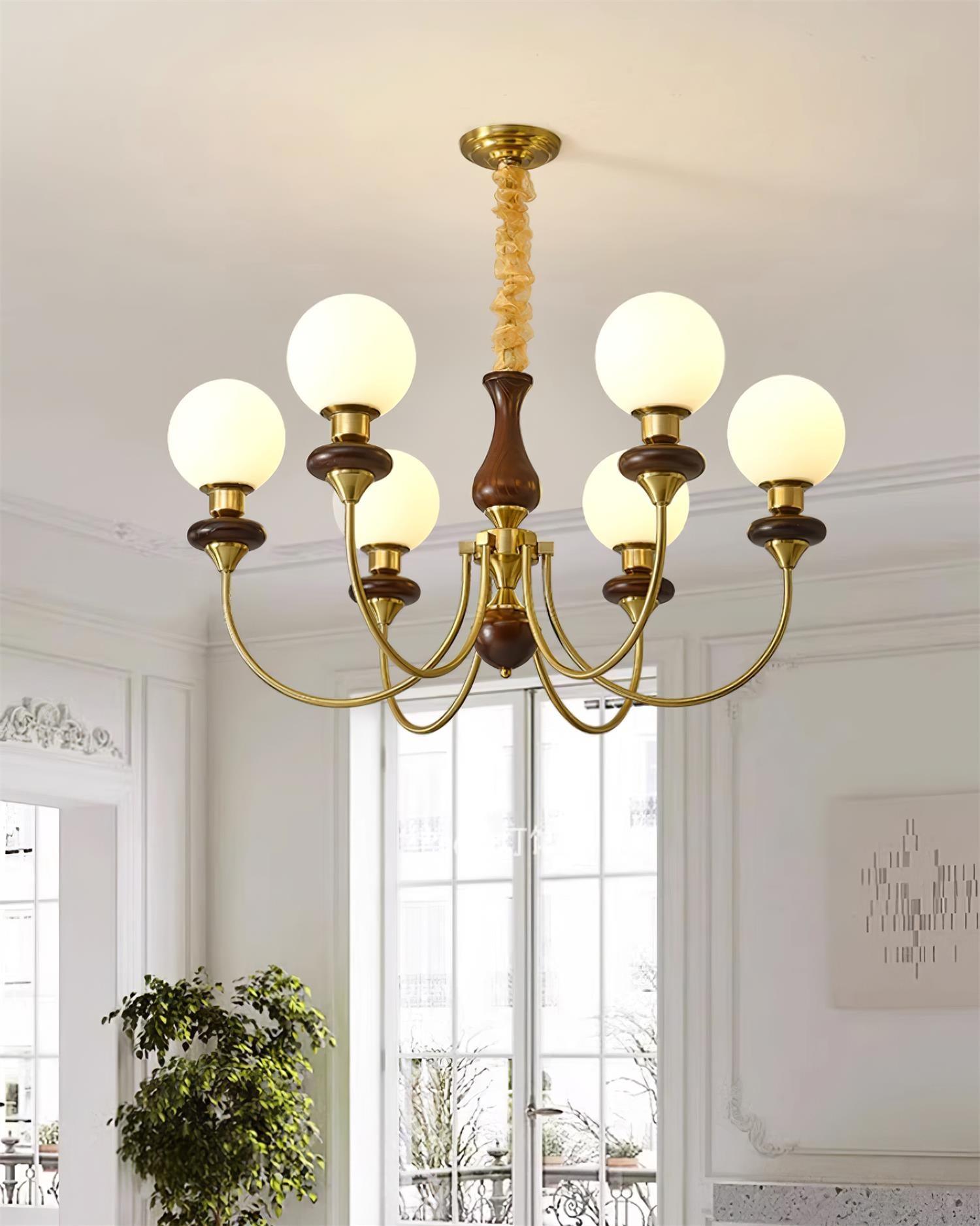 Chandelier Brass Curved Arms Walnut Vintage - Neutralighting