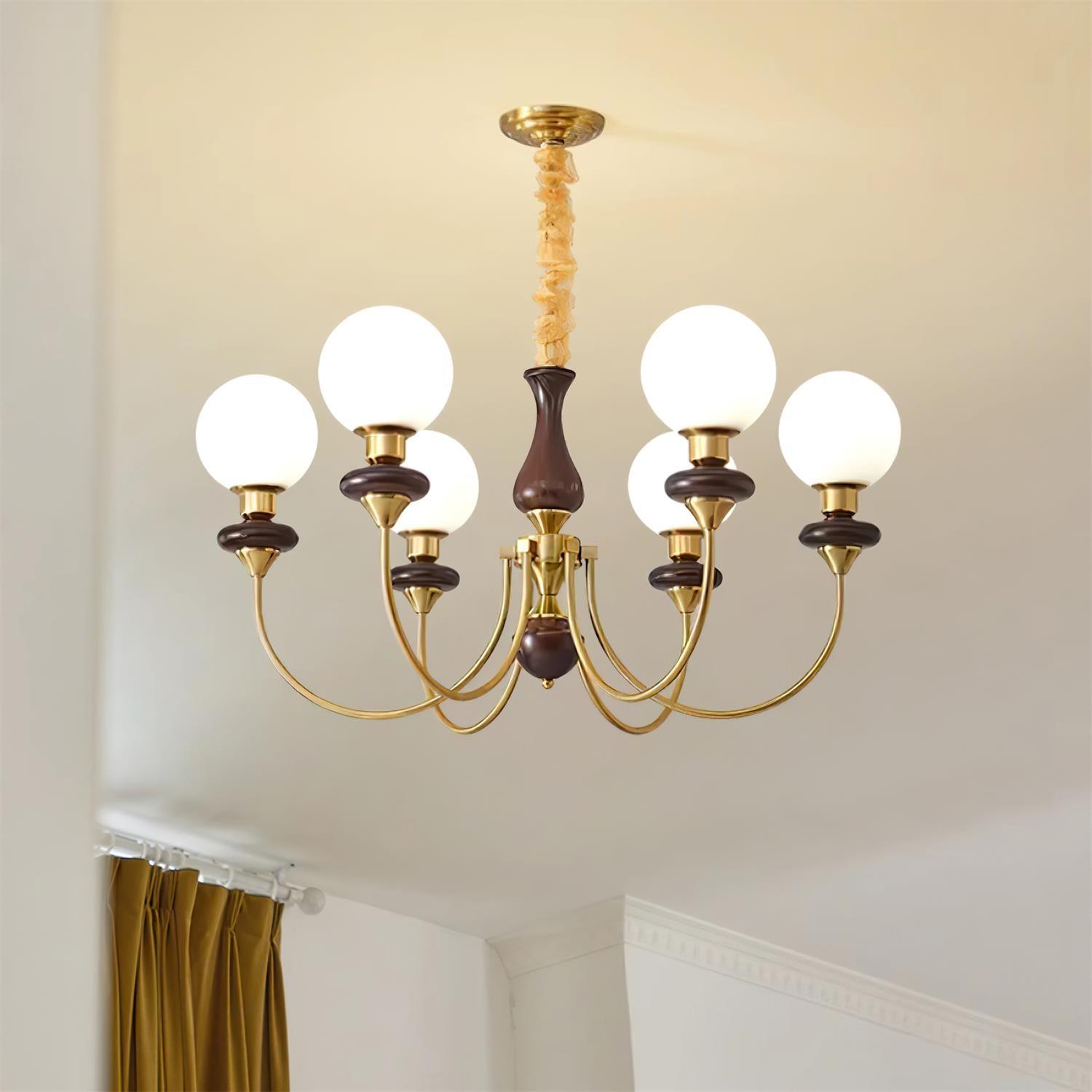 Chandelier Brass Curved Arms Walnut Vintage - Neutralighting