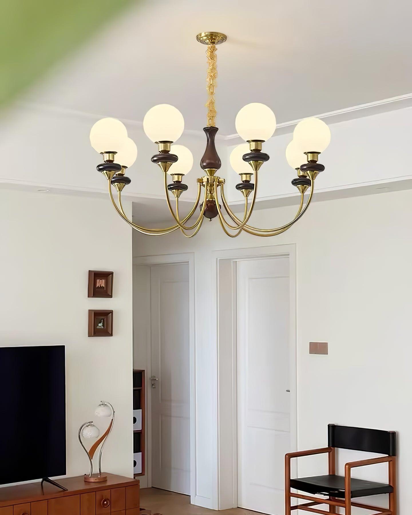 Chandelier Brass Curved Arms Walnut Vintage - Neutralighting