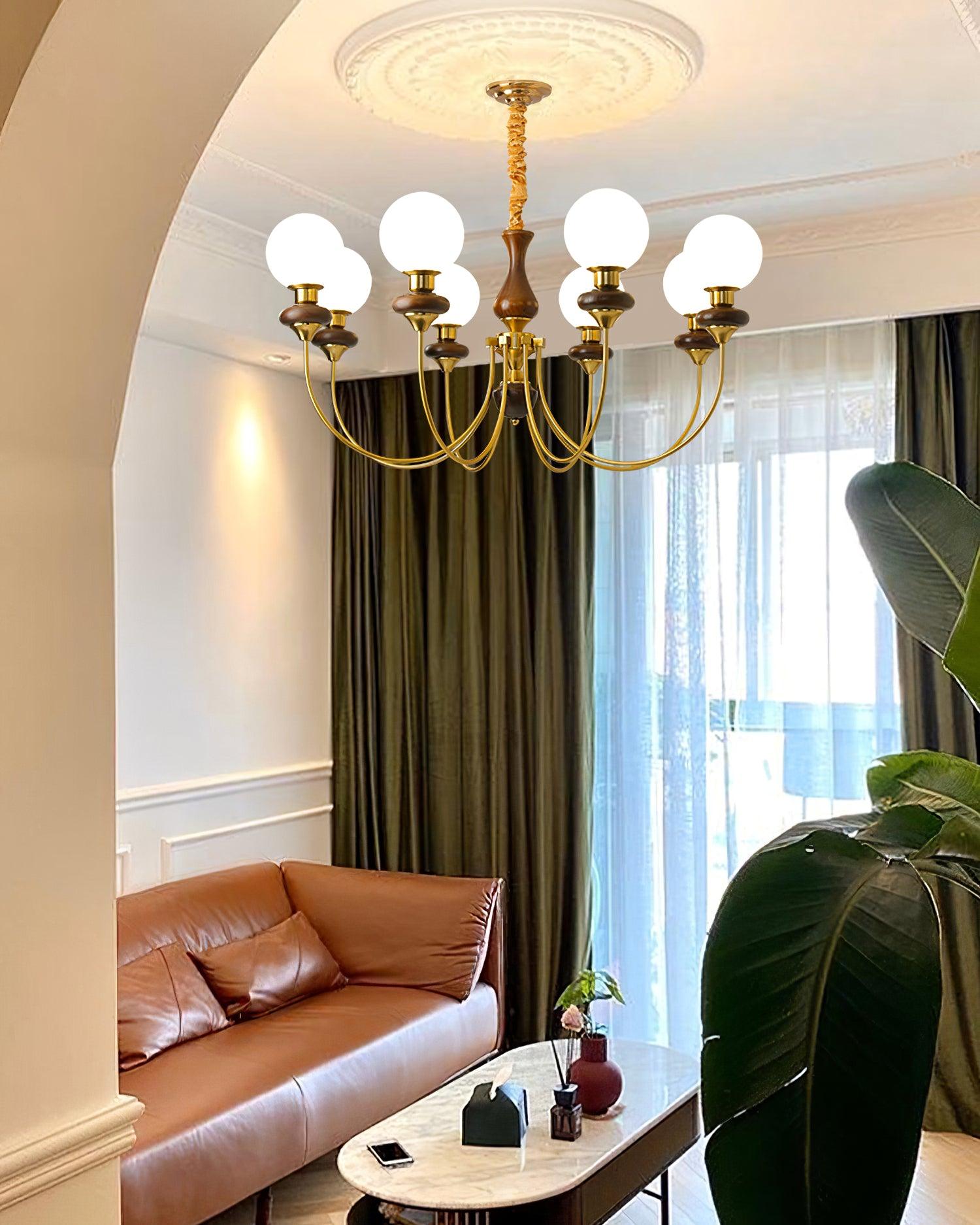 Chandelier Brass Curved Arms Walnut Vintage - Neutralighting