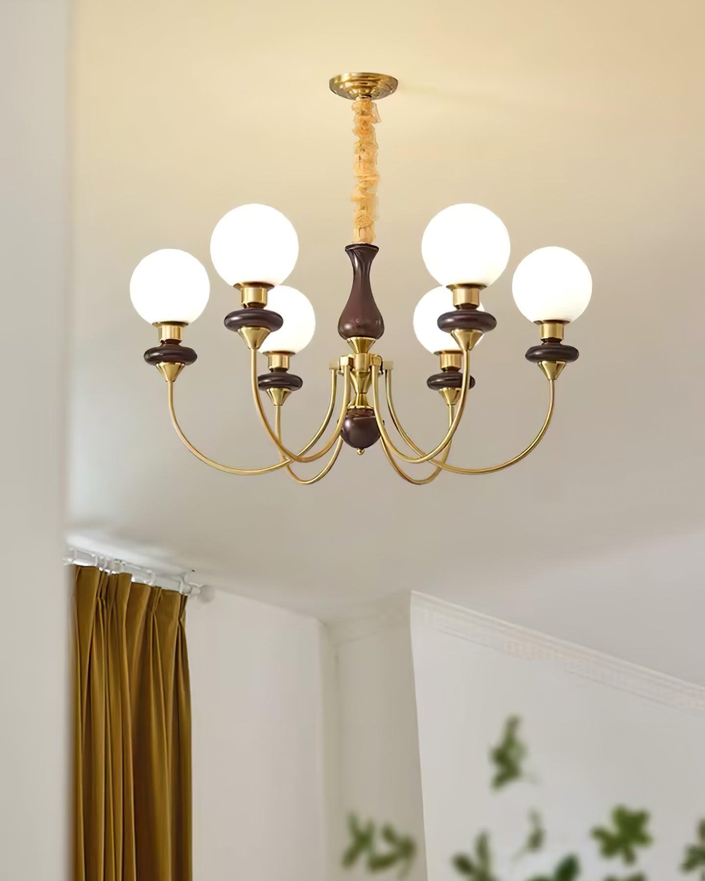 Chandelier Brass Curved Arms Walnut Vintage - Neutralighting